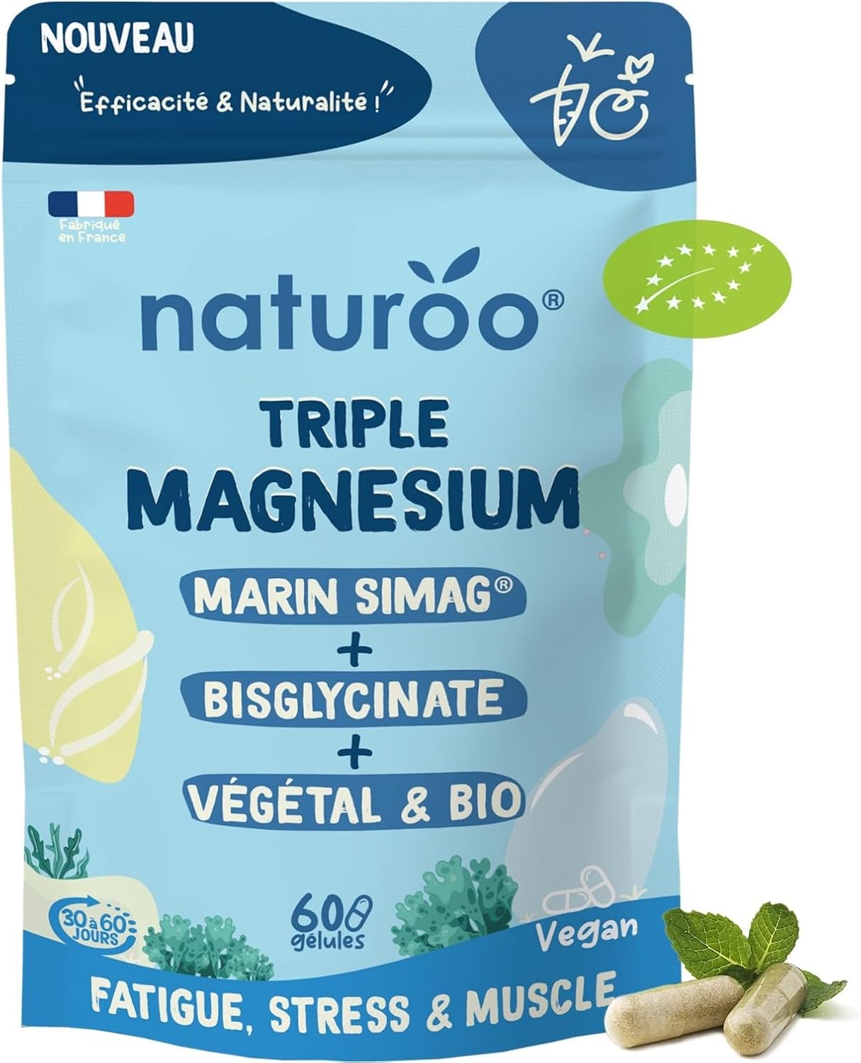 Triple Magnesium Bio - Vegetable (Sea Lettuce), SiMAG® Marin, Bisglycinate - 60 Vegan Capsules (1 to 2 Months) - High Absorption - Fatigue, Stress, Sleep, Muscles - Image 2