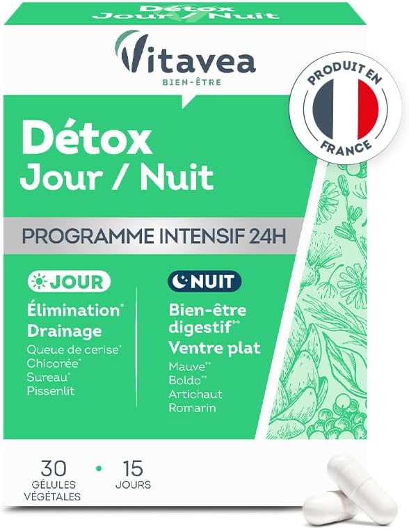 VITAVEA BIEN-ETRE - 24h Detox Food Supplement Day & Night - Elimination Digestion Drainage - Elderberry, Cherry Tail, Artichoke, Mauve - 30 capsules - Made in France - Image 2