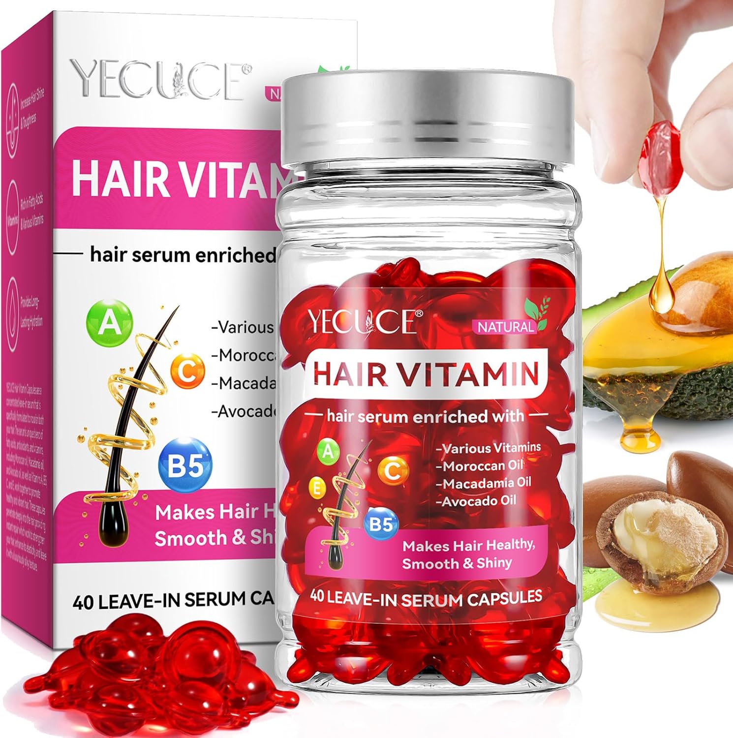 Vitamin Oil for Dry and Damaged Hair, Hair Treatment Serum Capsules with Argan Oil, Avocado Oil, Vitamin A, C, E Pro Vit.B5 for Hair Care - 40 Pink - Image 2