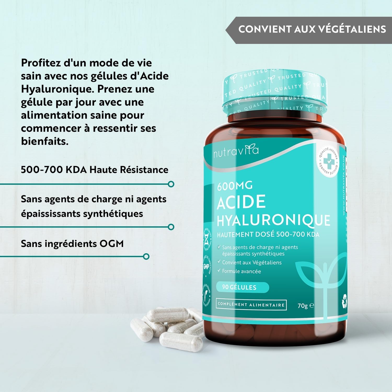 Pure Hyaluronic Acid 600mg, 3 Month Cure, 90 Vegan Capsules - Hyaluronic Acid Capsules - High Dose 500-700 kDa - Hydration - Food Supplement Skin Collagen - Nutravita - Image 3