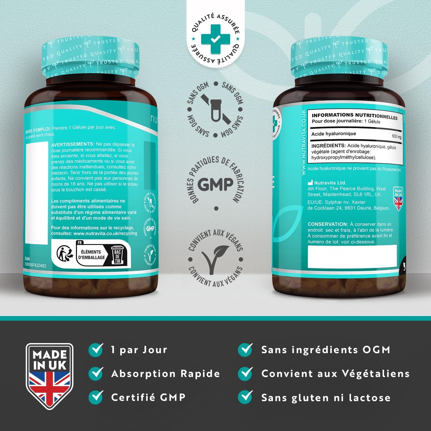 Pure Hyaluronic Acid 600mg, 3 Month Cure, 90 Vegan Capsules - Hyaluronic Acid Capsules - High Dose 500-700 kDa - Hydration - Food Supplement Skin Collagen - Nutravita - Image 4