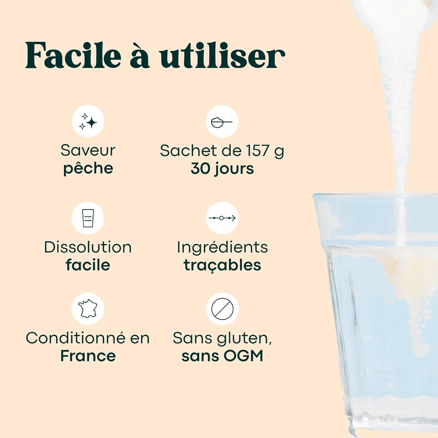 Marine Collagene Powder Type 1 and 3, Peach Flavor, Hydrolyzed Peptides 2000 DA, Moisturized Skin & Flexible Joints, Sachet 157 g, 5 g per day, 30 day cure, Essentials by Novoma - Image 5