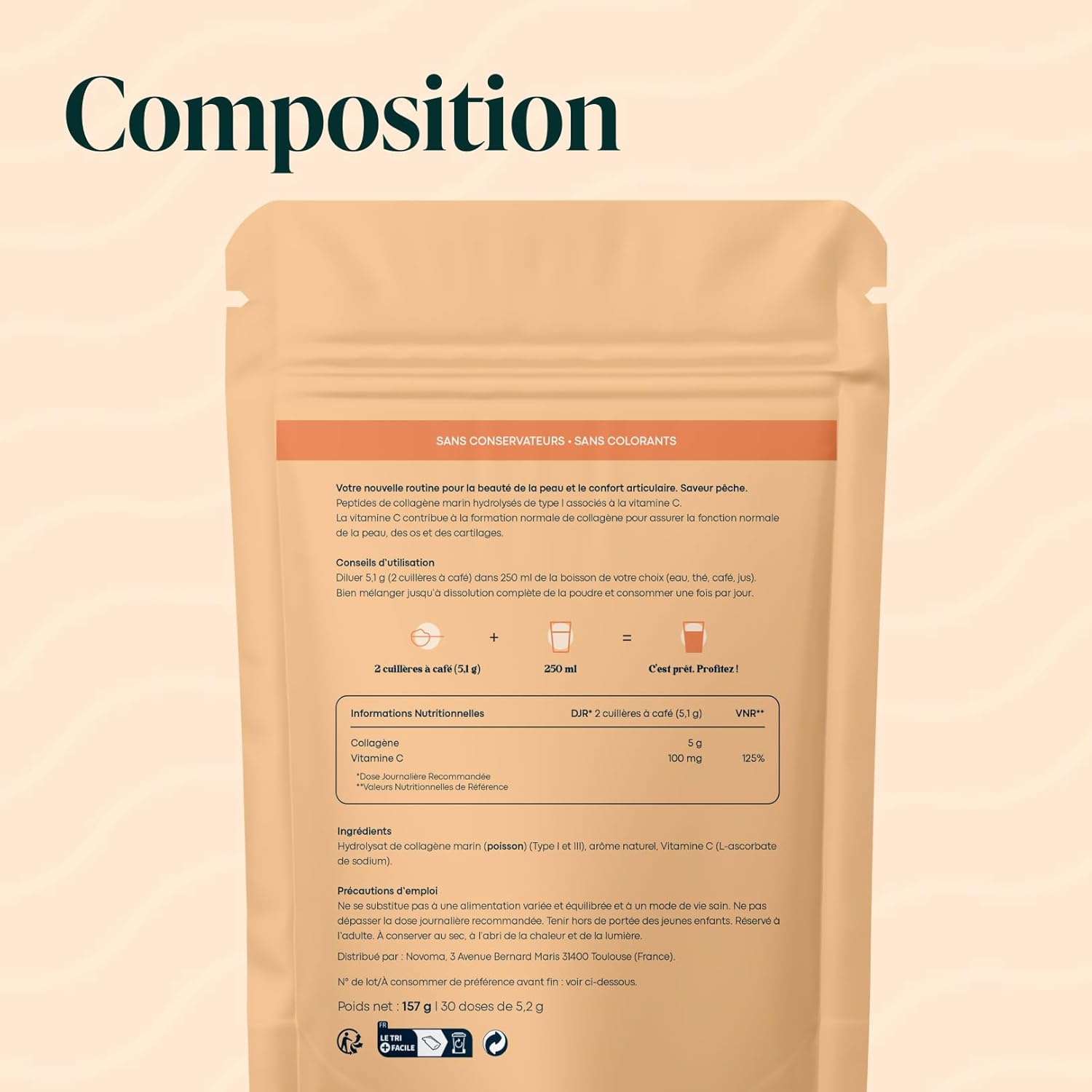 Marine Collagene Powder Type 1 and 3, Peach Flavor, Hydrolyzed Peptides 2000 DA, Moisturized Skin & Flexible Joints, Sachet 157 g, 5 g per day, 30 day cure, Essentials by Novoma - Image 8