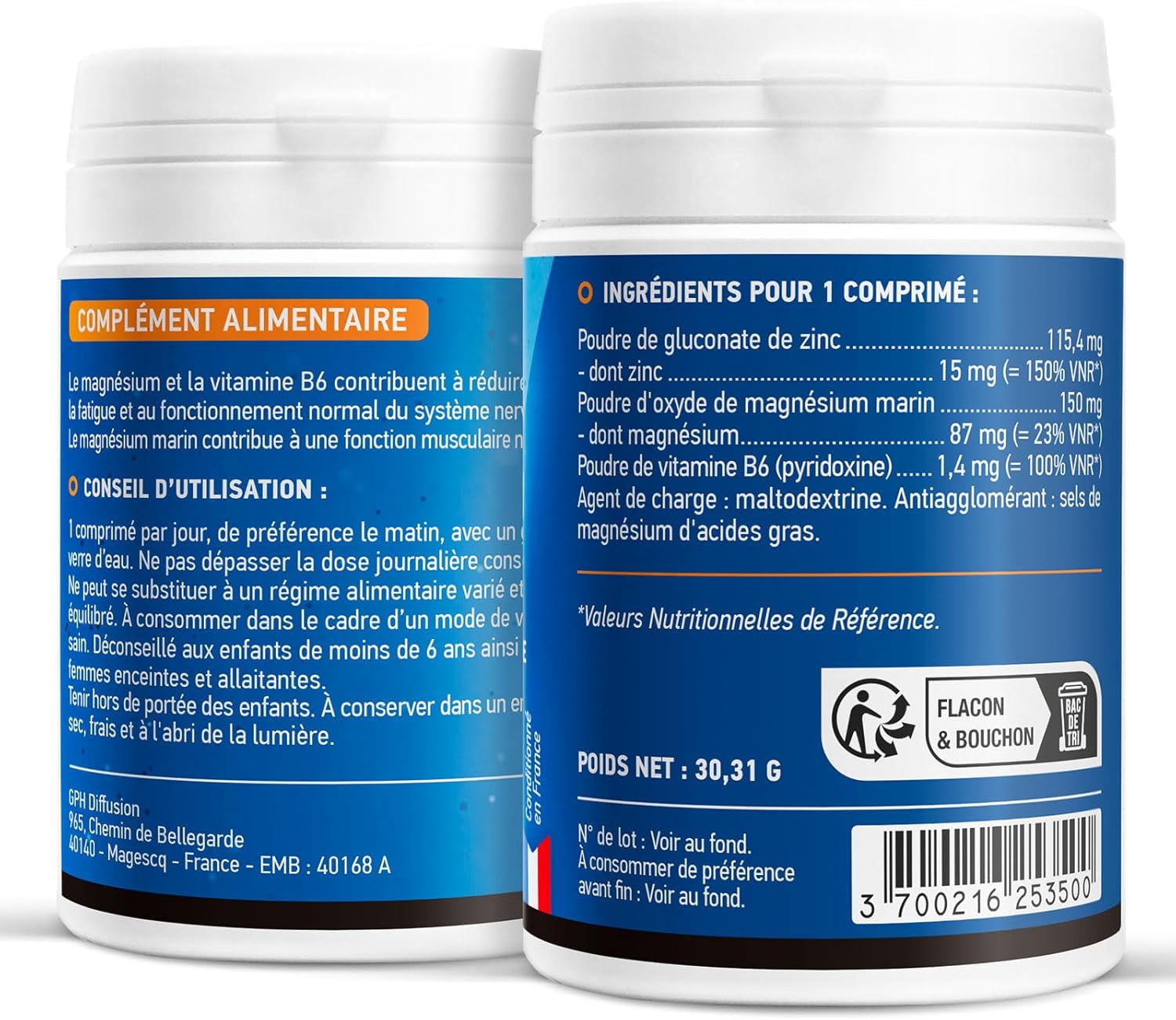 Marine Magnesium + Zinc + B6 - Vitality - Muscle Relaxation - 60 Tablets GPH DIFFUSION - Image 3