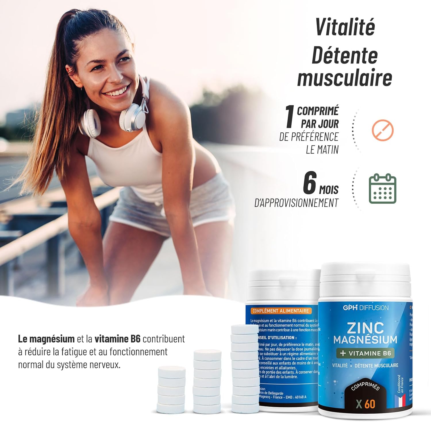 Marine Magnesium + Zinc + B6 - Vitality - Muscle Relaxation - 60 Tablets GPH DIFFUSION - Image 6