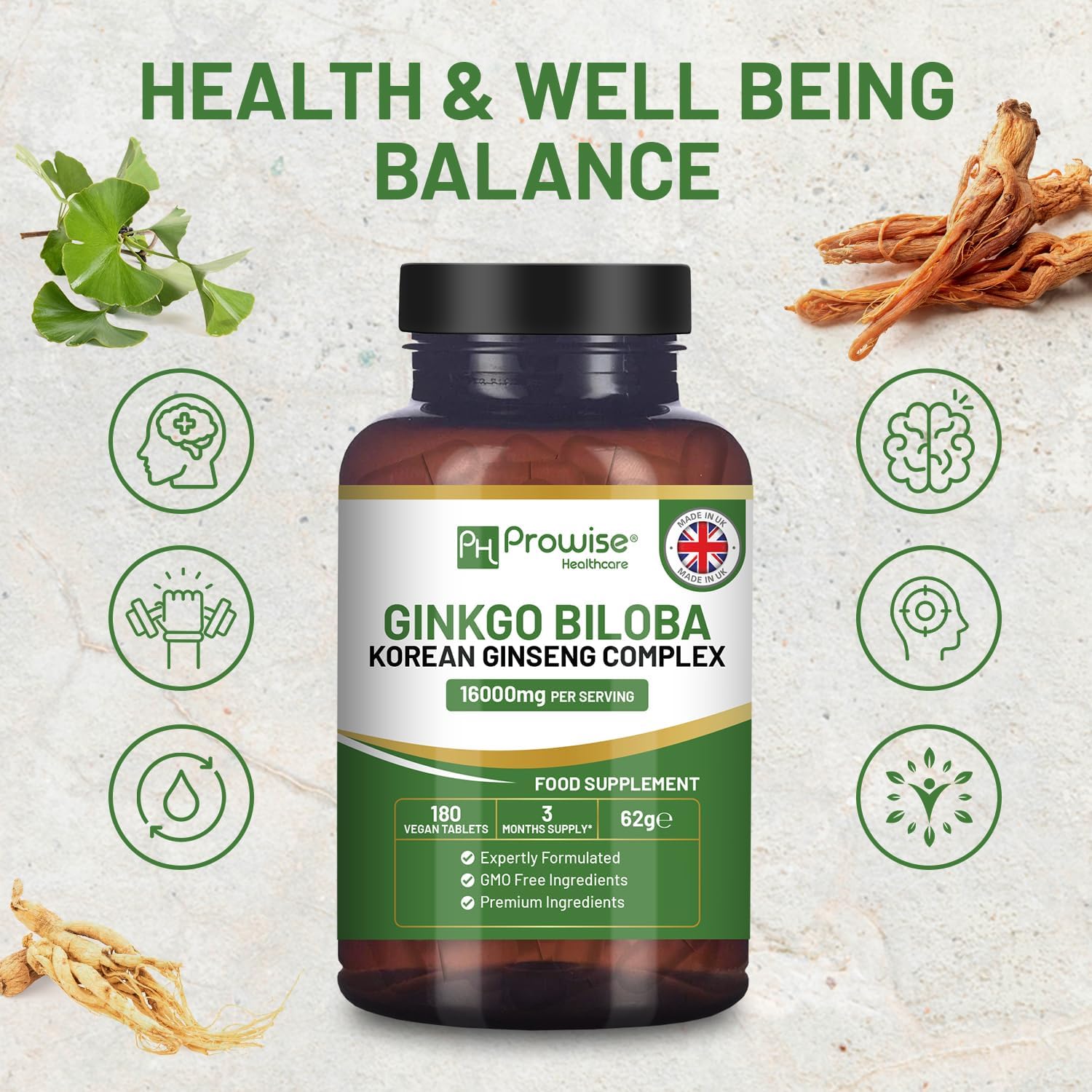 Ginkgo Biloba & Korean Ginseng Tablets 16000mg 180 Vegan Tablets | Made in the UK by Prowise Healthcare - Image 5