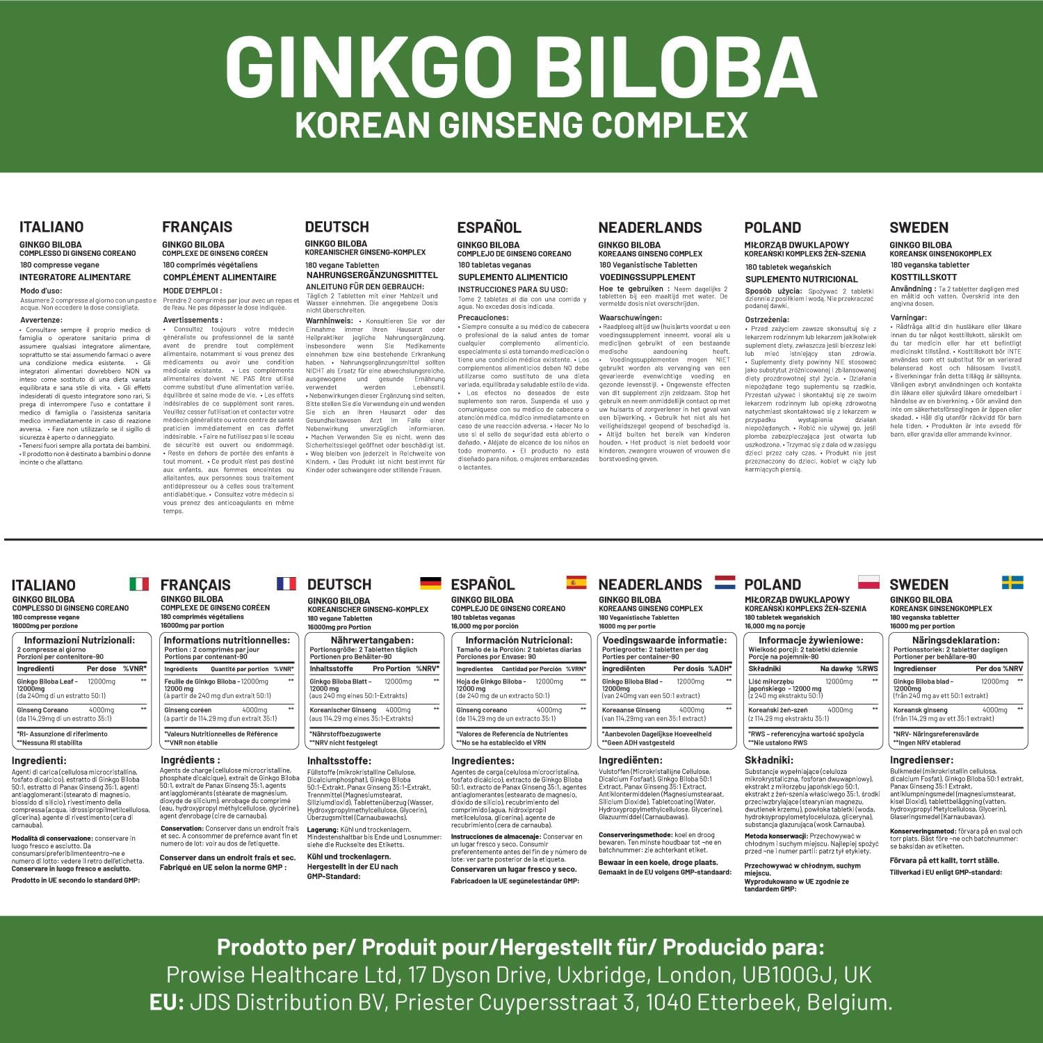 Ginkgo Biloba & Korean Ginseng Tablets 16000mg 180 Vegan Tablets | Made in the UK by Prowise Healthcare - Image 7