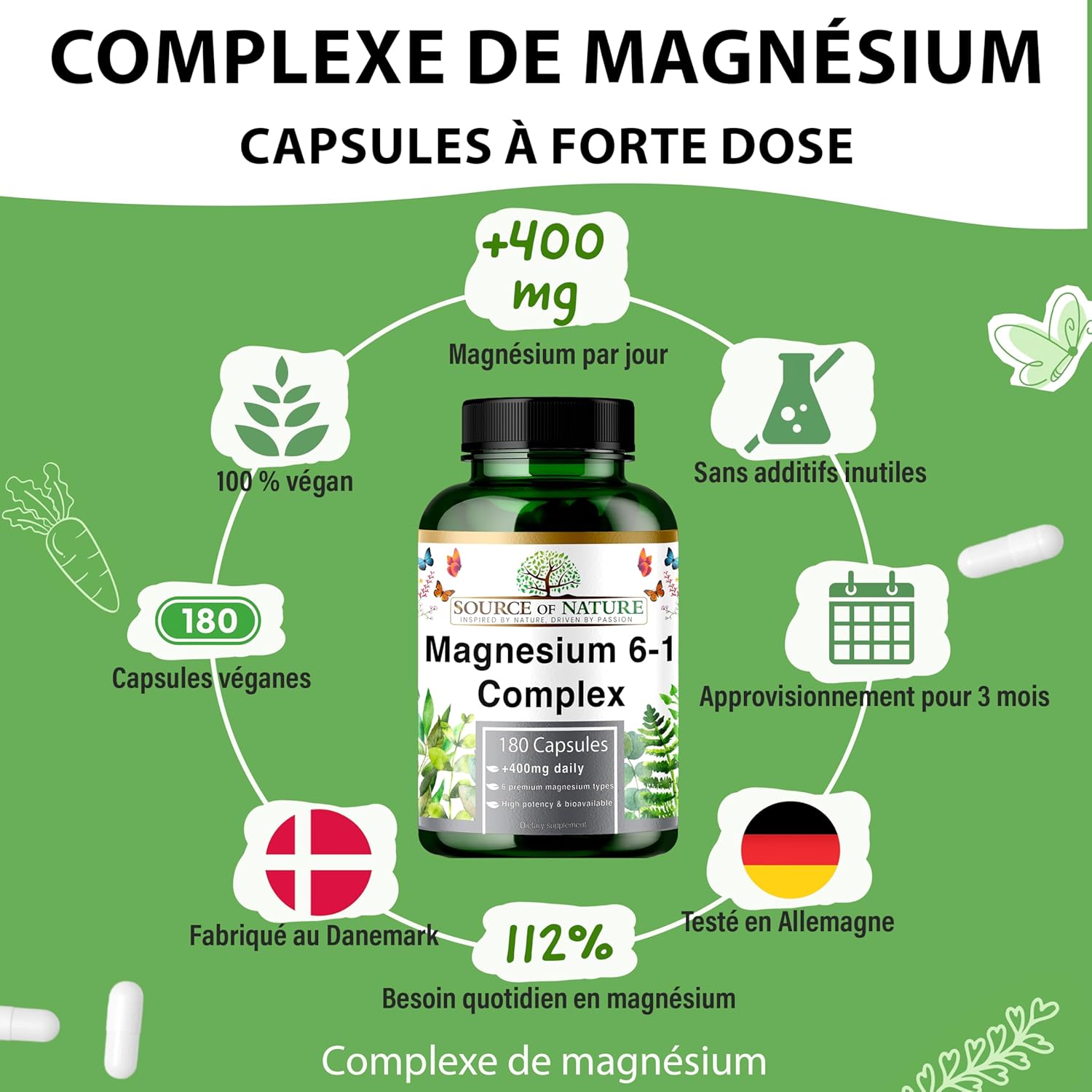 Magnesium Complex 6-1 1500 mg Daily | 400 mg Magnesium Elemental | Oxide, Bisglycinate, Malate, Taurate, Citrate & Aspartate | 180 Vegan Capsules | High Concentration & Bioavailability - Image 3