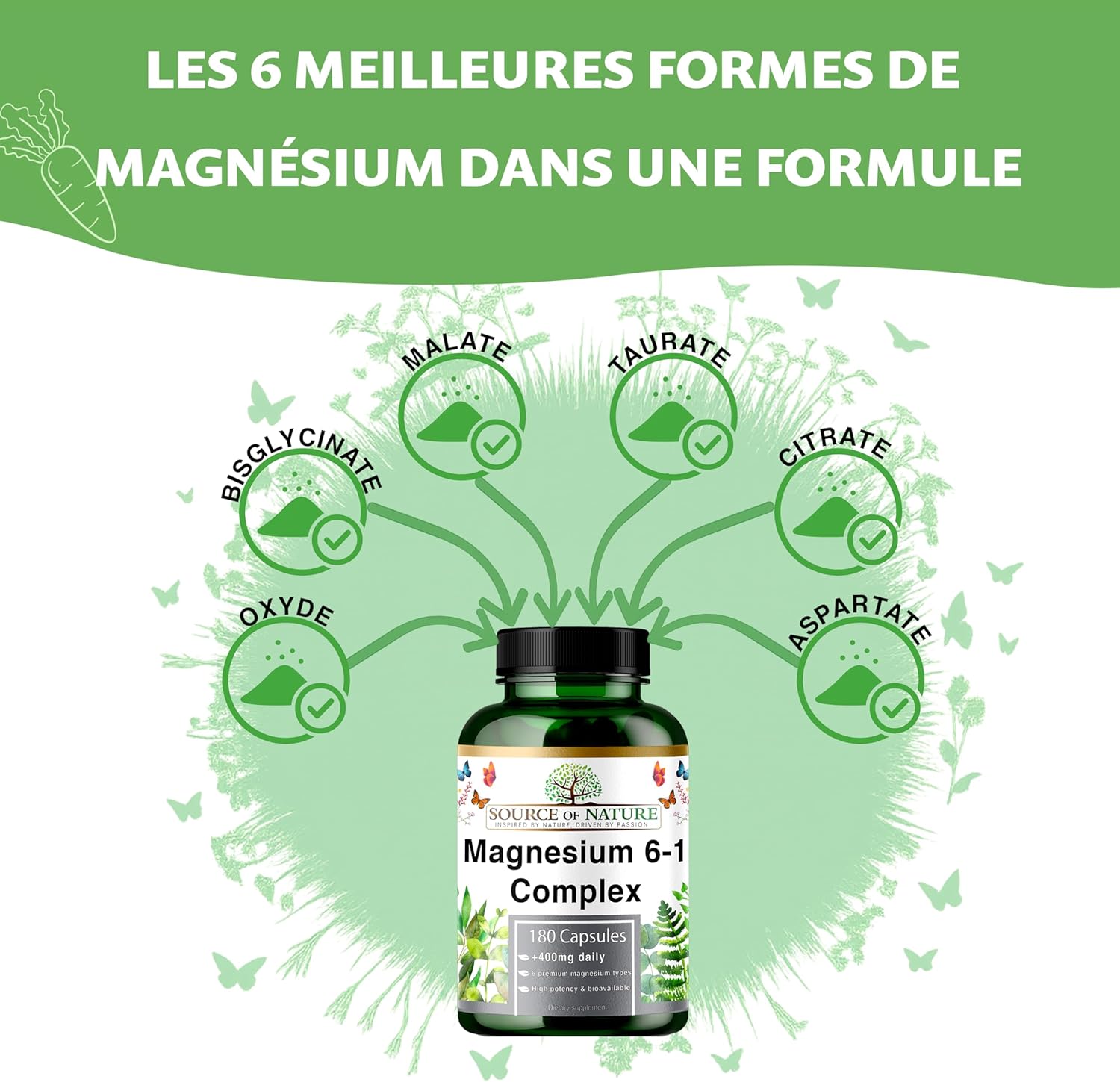Magnesium Complex 6-1 1500 mg Daily | 400 mg Magnesium Elemental | Oxide, Bisglycinate, Malate, Taurate, Citrate & Aspartate | 180 Vegan Capsules | High Concentration & Bioavailability - Image 5