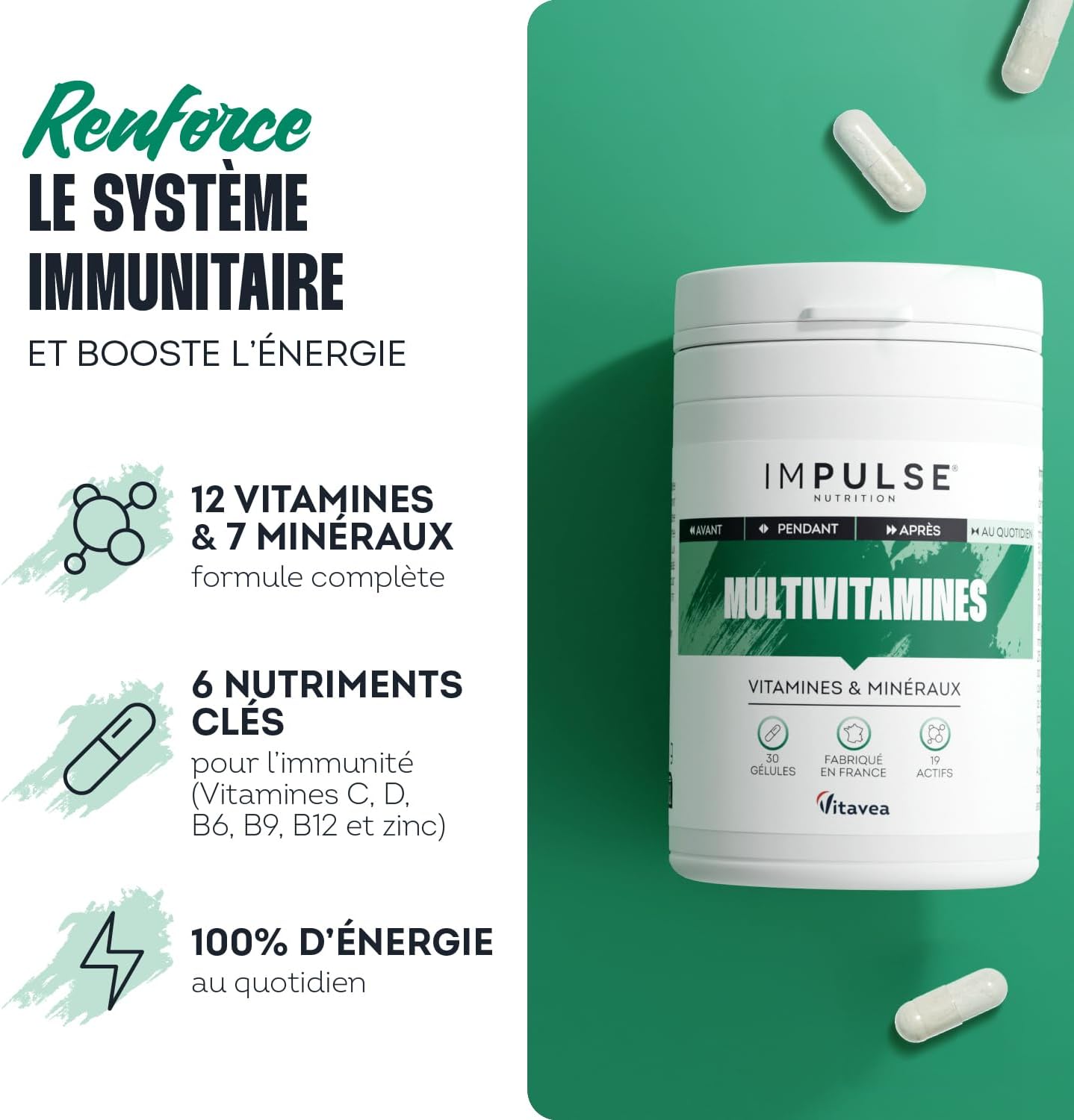 Multivitamins - Energy, Immunity & Vitality - Vitamins C, D, B12, B6 - Food Supplement 12 Vitamins & 7 Minerals - Vegan - 30 Day Cure - Made in France IMPULSE NUTRITION - Image 3