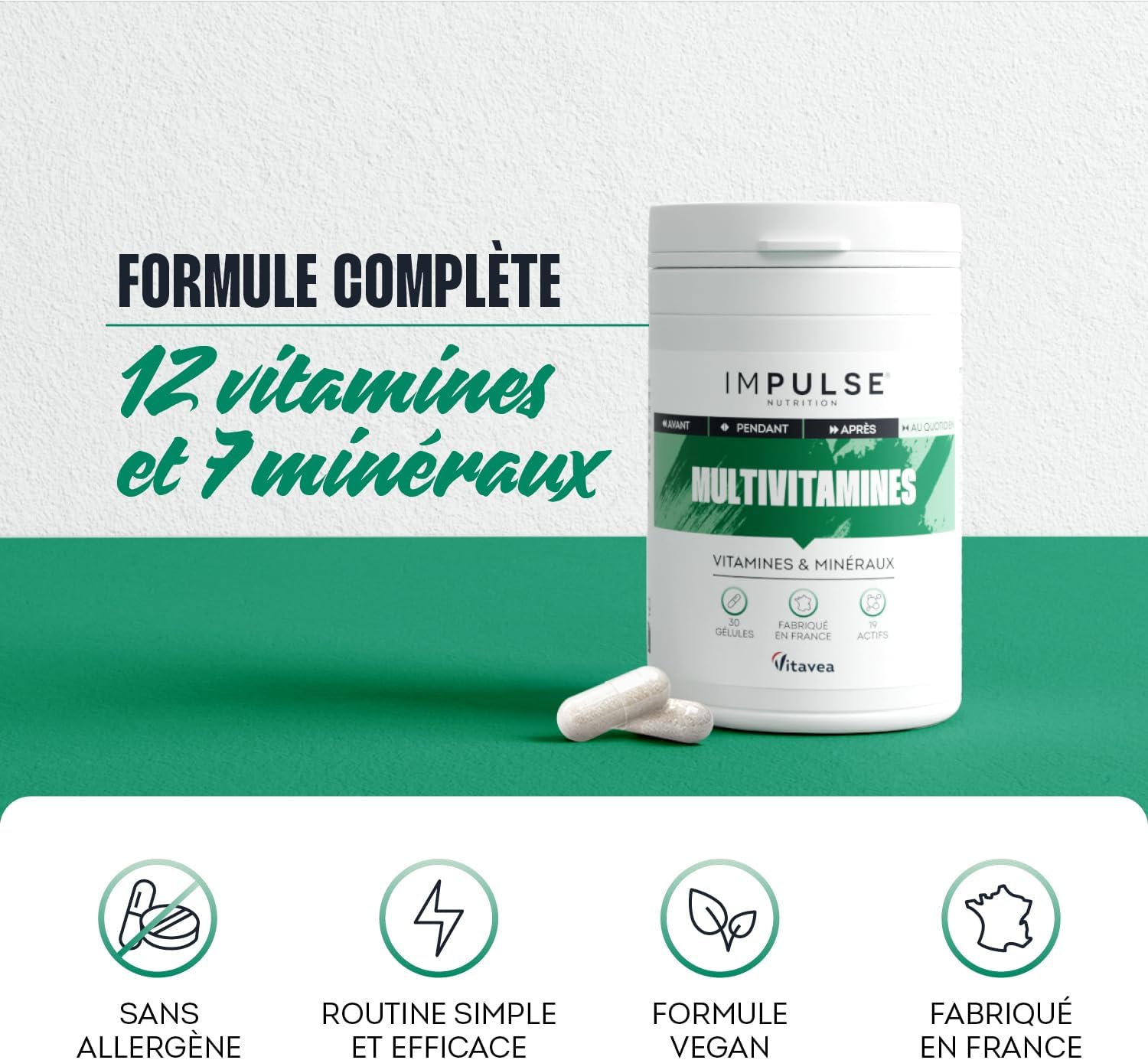 Multivitamins - Energy, Immunity & Vitality - Vitamins C, D, B12, B6 - Food Supplement 12 Vitamins & 7 Minerals - Vegan - 30 Day Cure - Made in France IMPULSE NUTRITION - Image 5