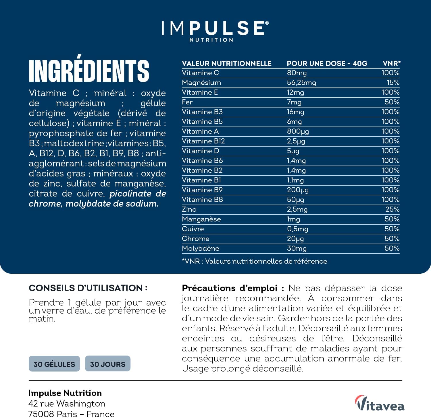 Multivitamins - Energy, Immunity & Vitality - Vitamins C, D, B12, B6 - Food Supplement 12 Vitamins & 7 Minerals - Vegan - 30 Day Cure - Made in France IMPULSE NUTRITION - Image 8