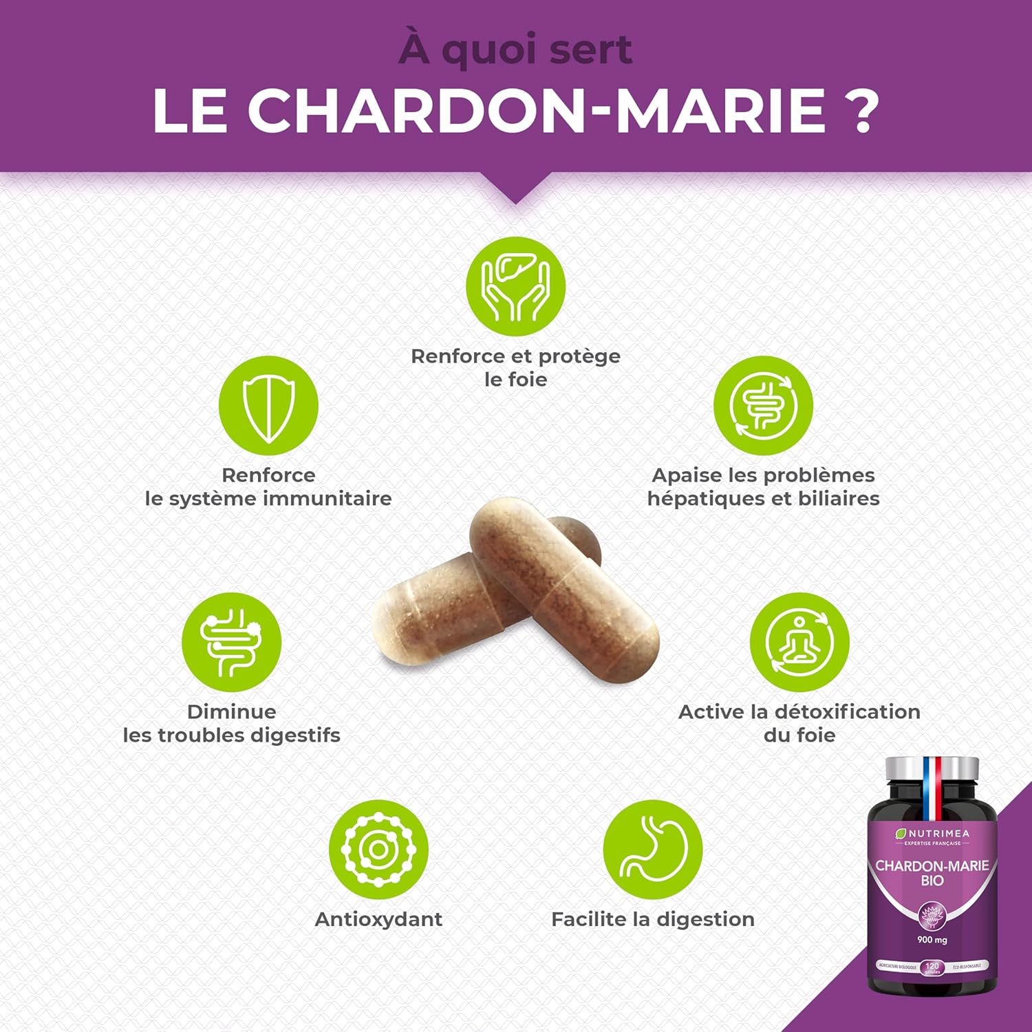 Organic Milk Thistle - Pure Seed Powder without Excipient - Triple Action Liver Supplement: Detoxification, Protection & Strengthening - Nutrimea - 120 Vegan Capsules - Made in France - Image 3