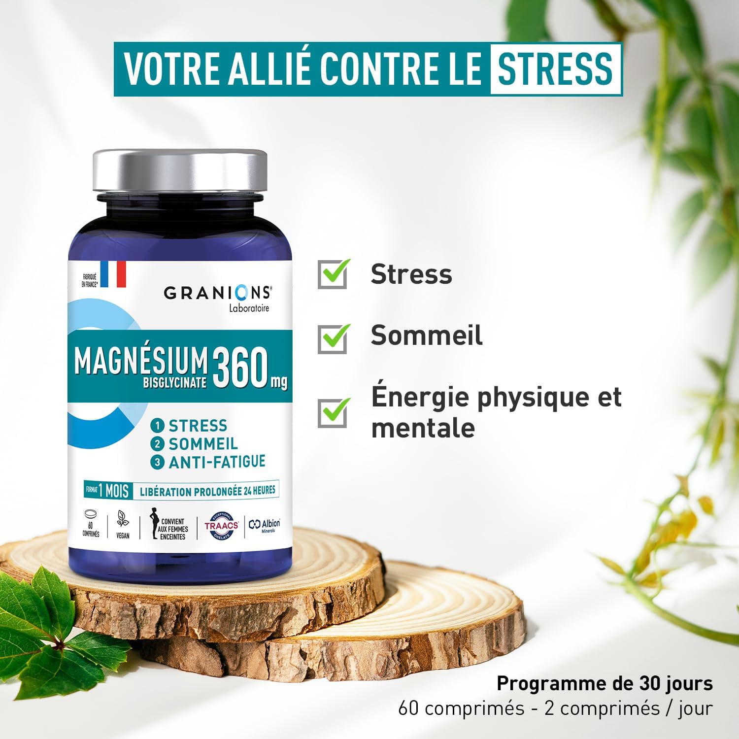 Magnesium Bisglycinate 360 MG - GRANIONS - Strong Dosage Magnesium + Vitamin B6 - Anti-Stress Adult - Magnesium Bisglycinate 360 MG - Stress Fatigue - Magnesium 60 Tablets - Made in France - Image 3