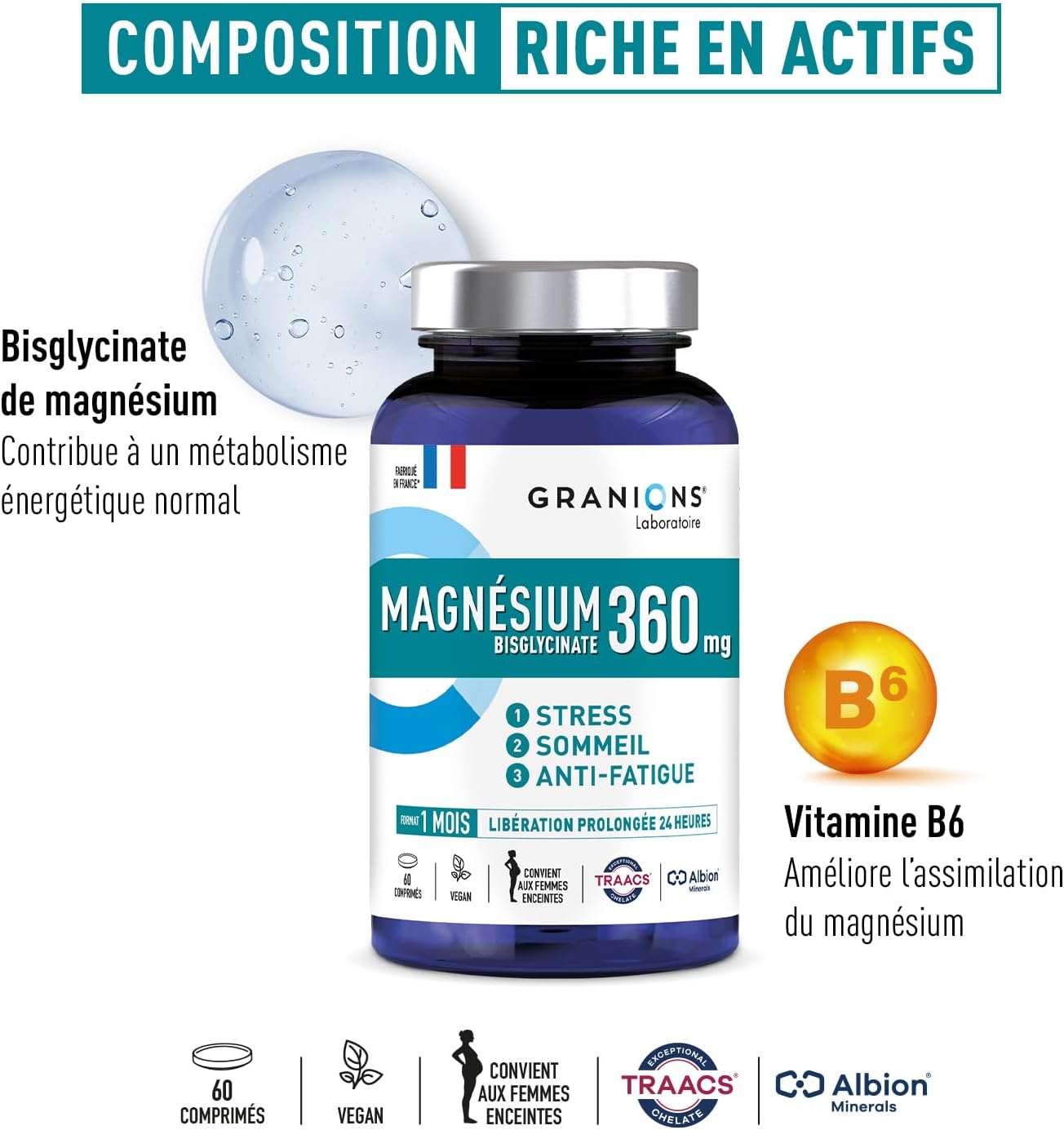 Magnesium Bisglycinate 360 MG - GRANIONS - Strong Dosage Magnesium + Vitamin B6 - Anti-Stress Adult - Magnesium Bisglycinate 360 MG - Stress Fatigue - Magnesium 60 Tablets - Made in France - Image 4