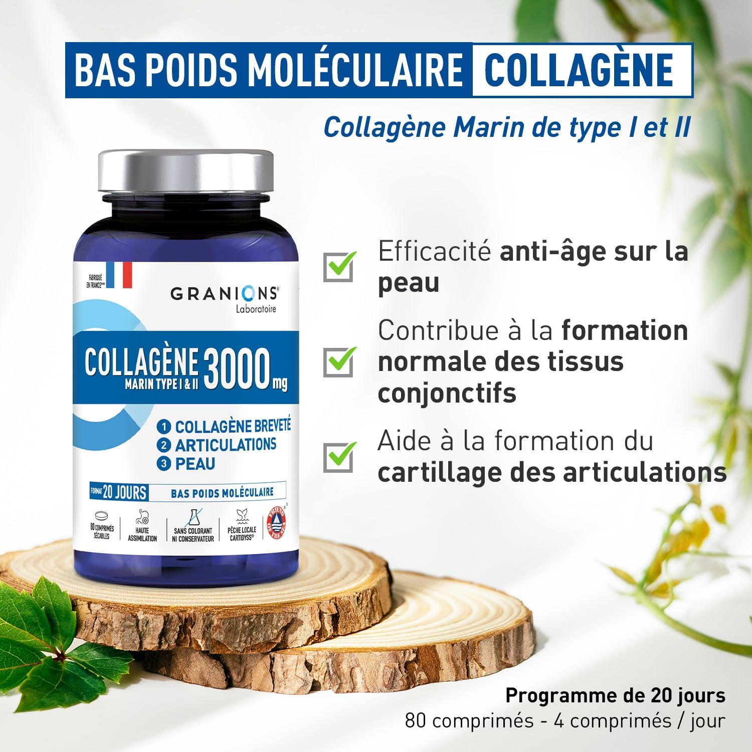 Marine Collagen 3000 MG GRANIONS - Marine Collagen Type 1 and 2 - Marine Collagen + Copper + Manganese - Collagen Type 2 Anti Aging - Food Supplement for Skin Beauty - Made in France - 80 Tablets - Image 3