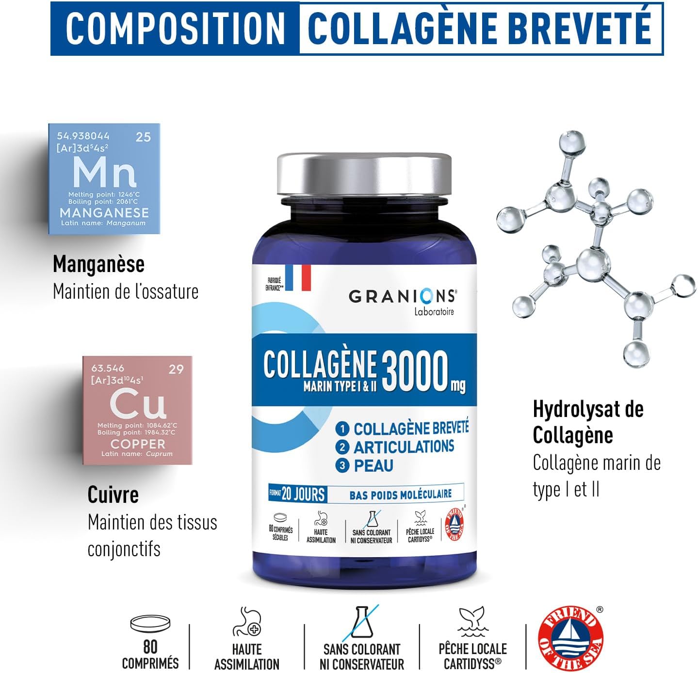 Marine Collagen 3000 MG GRANIONS - Marine Collagen Type 1 and 2 - Marine Collagen + Copper + Manganese - Collagen Type 2 Anti Aging - Food Supplement for Skin Beauty - Made in France - 80 Tablets - Image 4