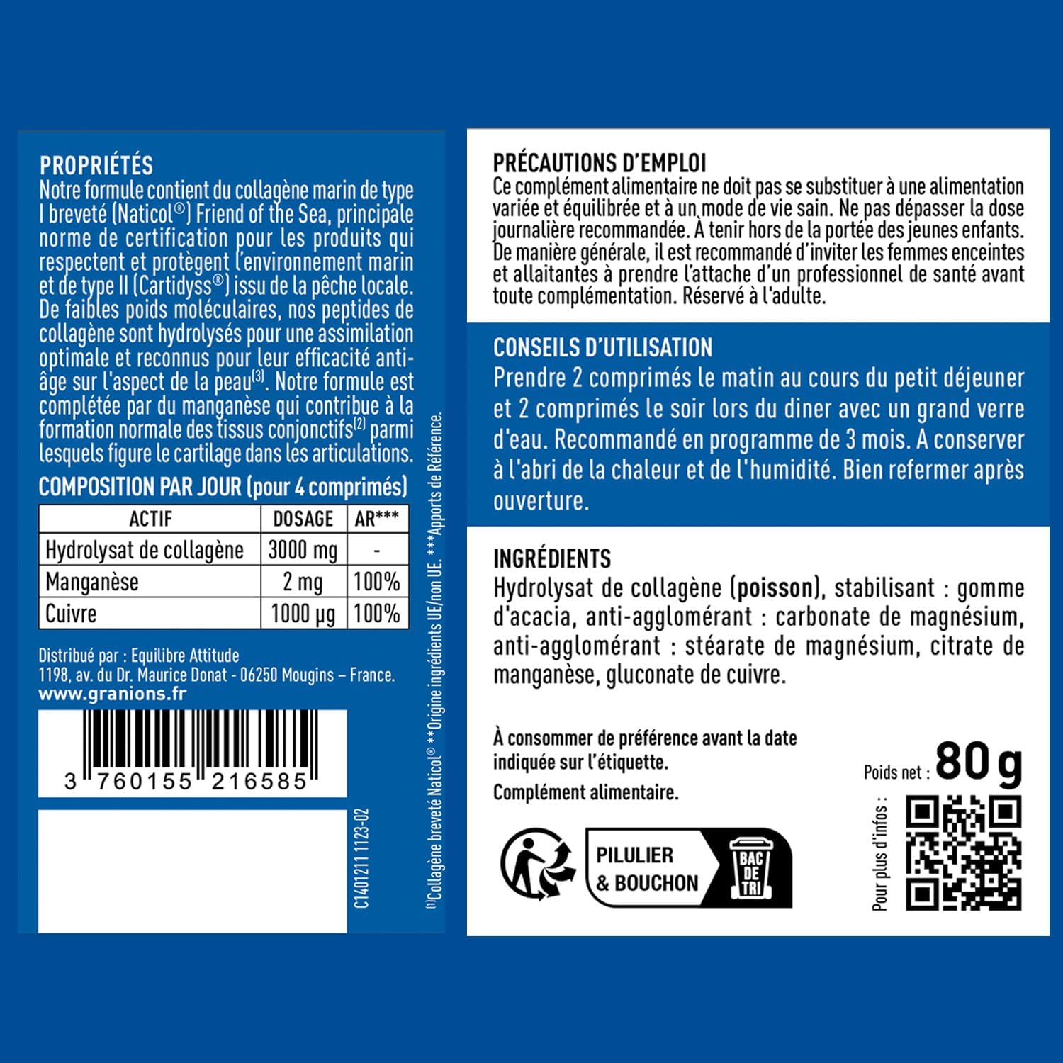 Marine Collagen 3000 MG GRANIONS - Marine Collagen Type 1 and 2 - Marine Collagen + Copper + Manganese - Collagen Type 2 Anti Aging - Food Supplement for Skin Beauty - Made in France - 80 Tablets - Image 5