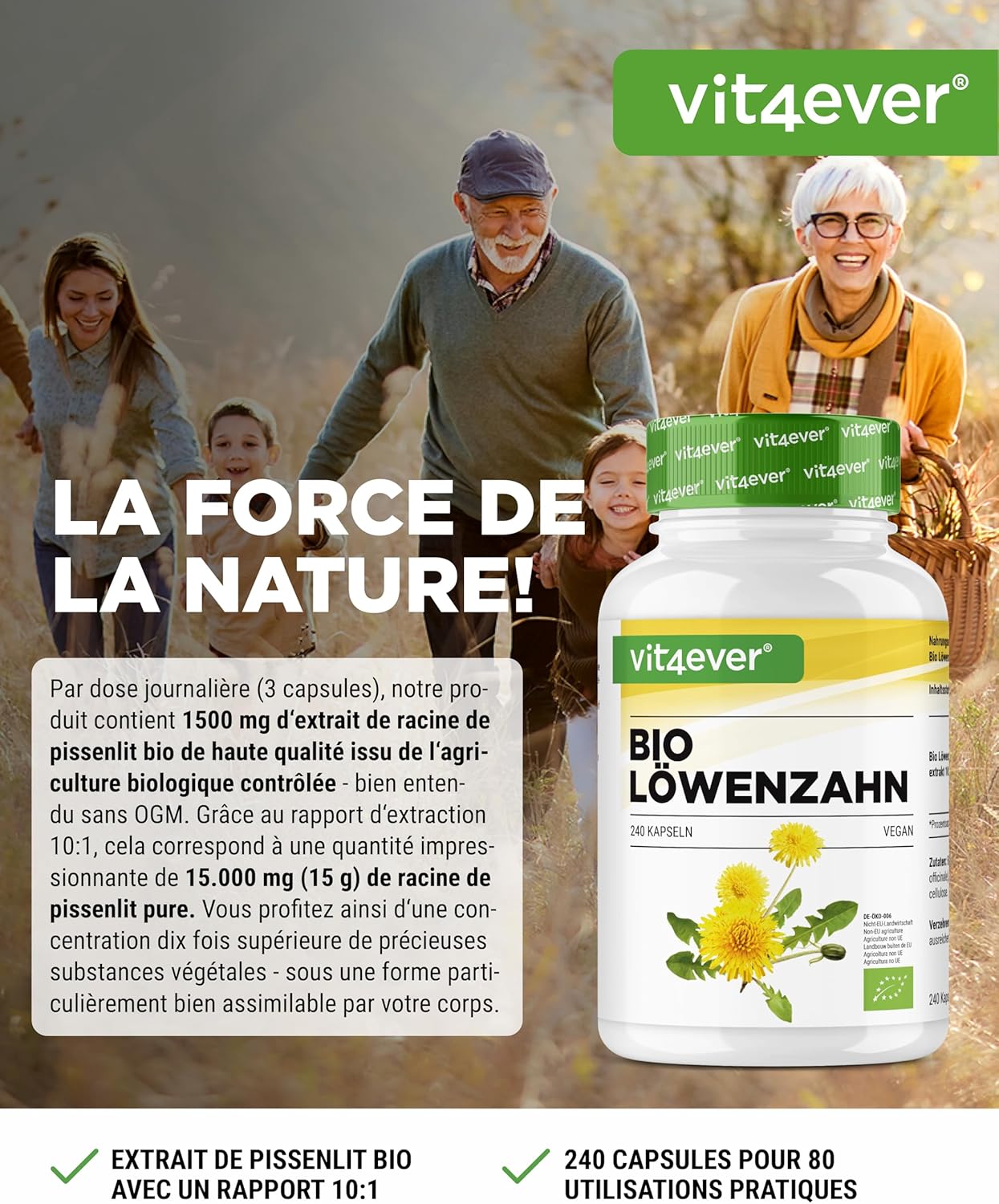 Organic Dandelion - 240 Capsules - 1500mg Dandelion Root Extract - High Dosed 10:1 Ratio - True Taraxacum officinale Extract - No Additives - Vegan - Image 3