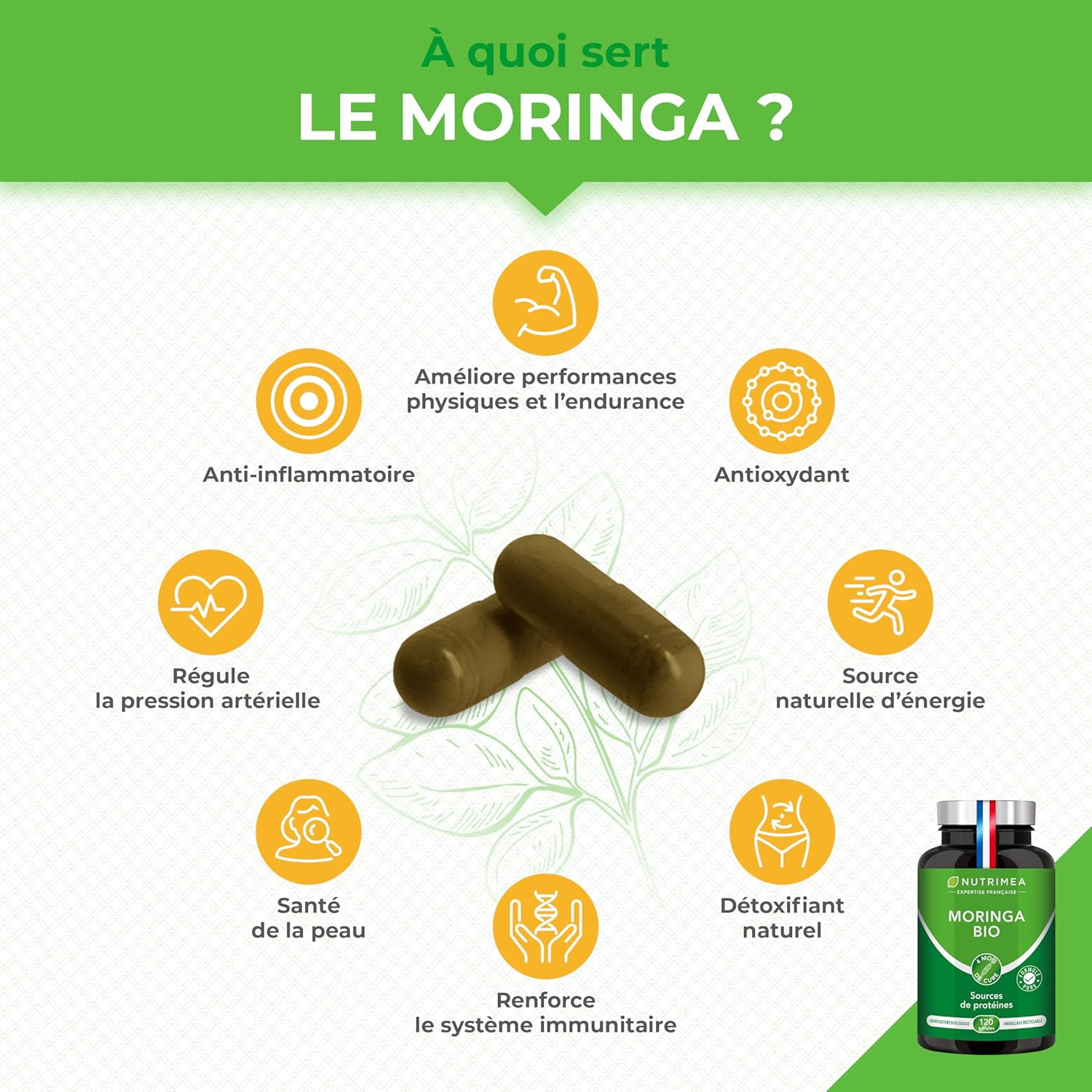 Moringa Oleifera Organic 310 mg - Super Food - Nutrients, Vitamins, Minerals, Amino Acids, Zinc and Magnesium - Tonus, Antioxidant, Immunity - 120 Vegan Capsules - Made in France - Nutrimea - Image 3