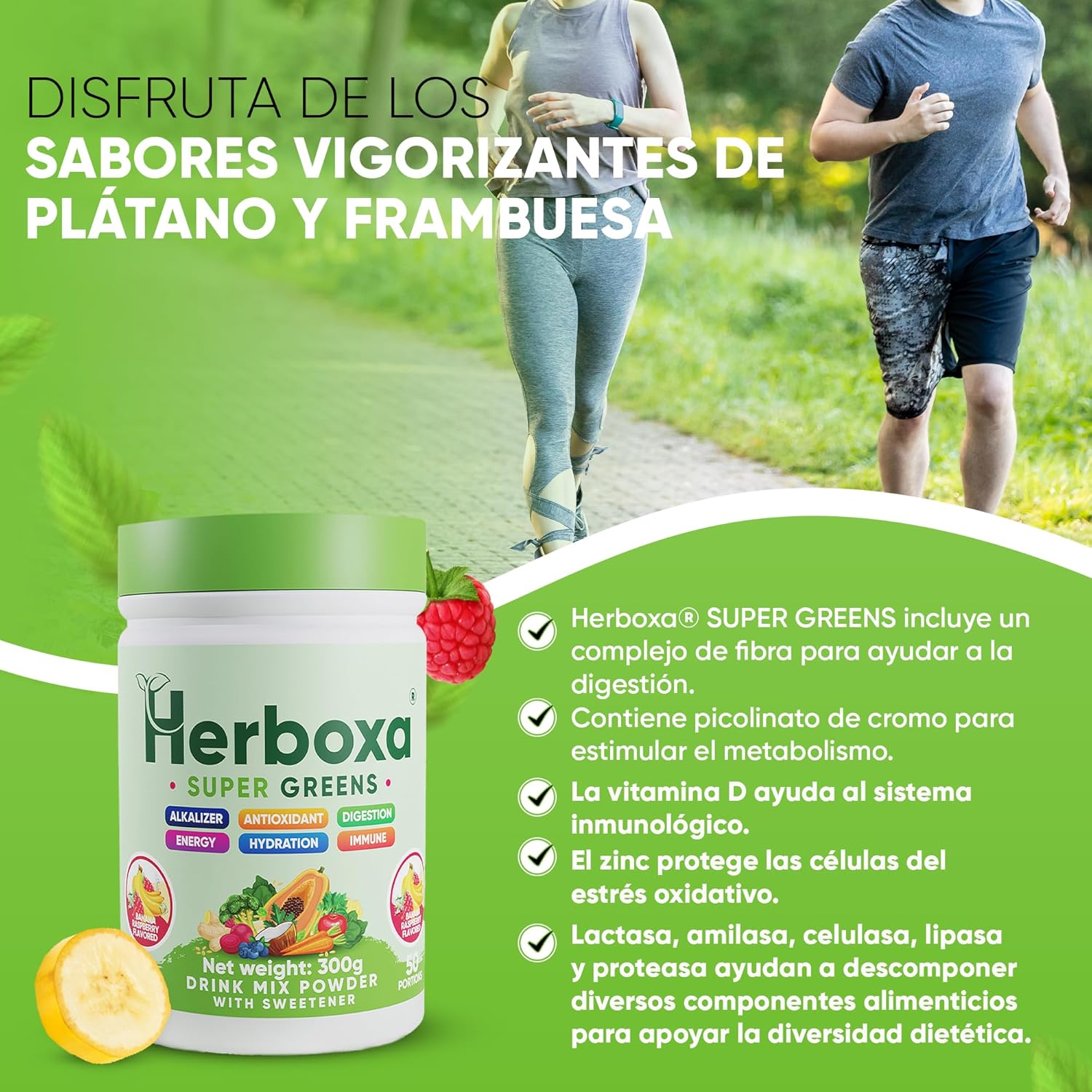 Herboxa SUPER GREENS 50 Servings Banana Raspberry Flavour Zinc Chrome Chicory Root Powder Supplement - Image 4