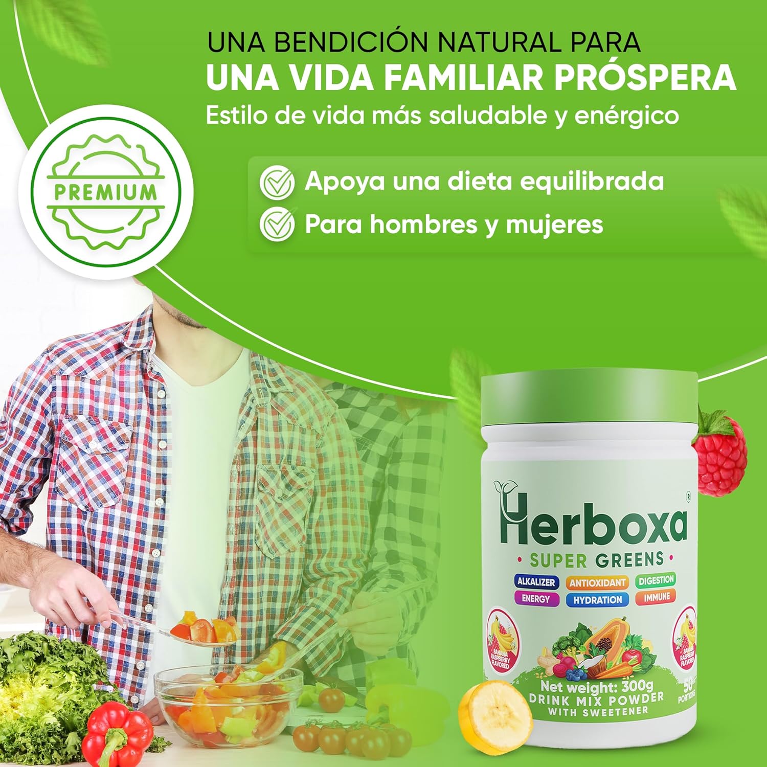 Herboxa SUPER GREENS 50 Servings Banana Raspberry Flavour Zinc Chrome Chicory Root Powder Supplement - Image 5