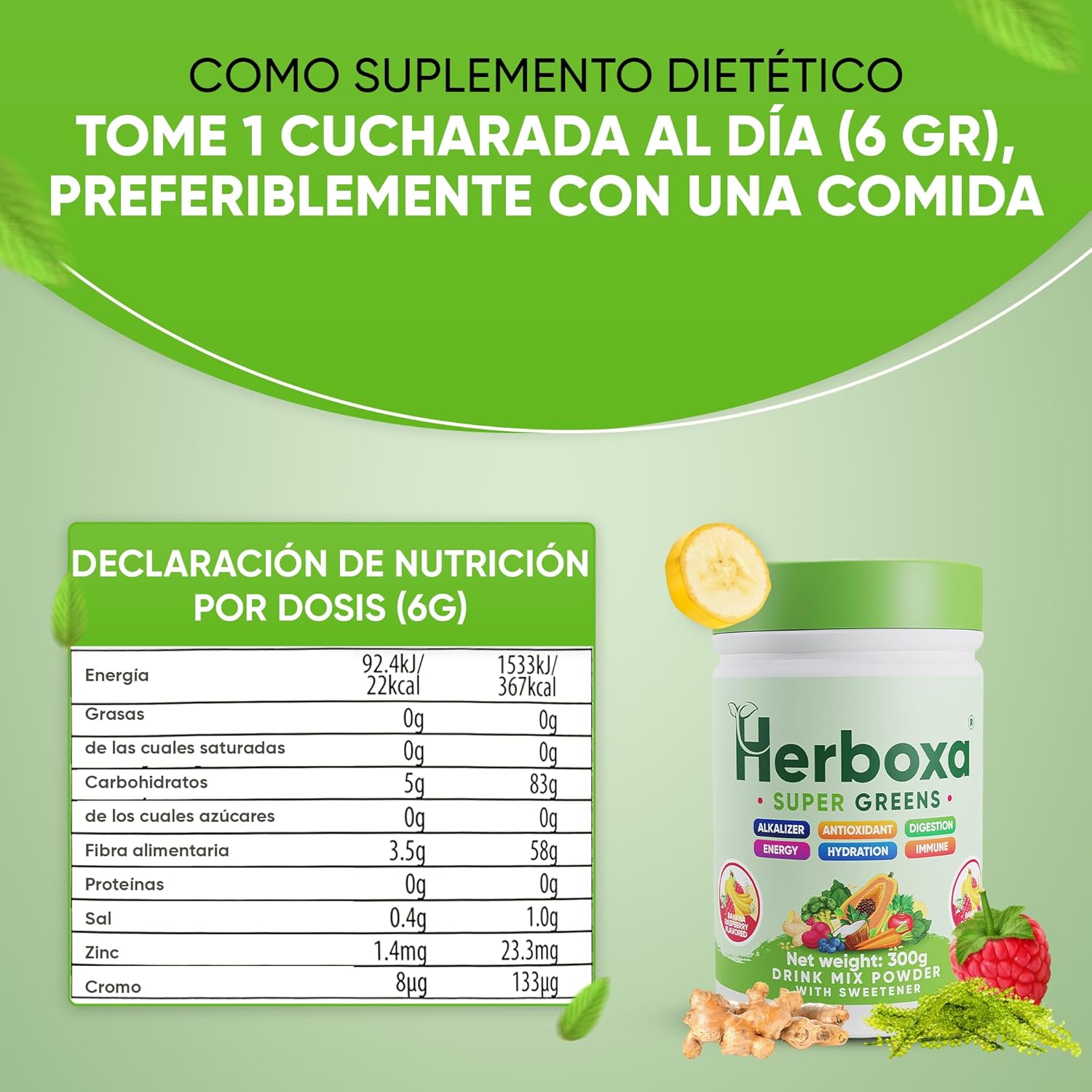 Herboxa SUPER GREENS 50 Servings Banana Raspberry Flavour Zinc Chrome Chicory Root Powder Supplement - Image 8