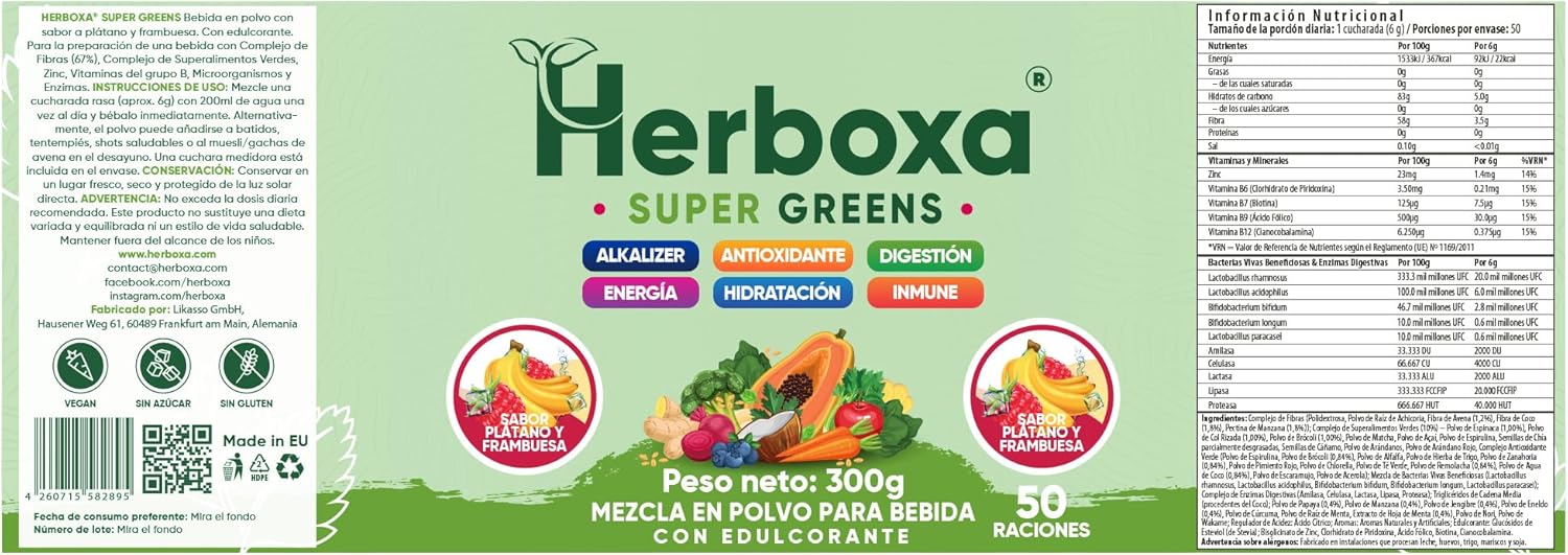 Herboxa SUPER GREENS 50 Servings Banana Raspberry Flavour Zinc Chrome Chicory Root Powder Supplement - Image 9