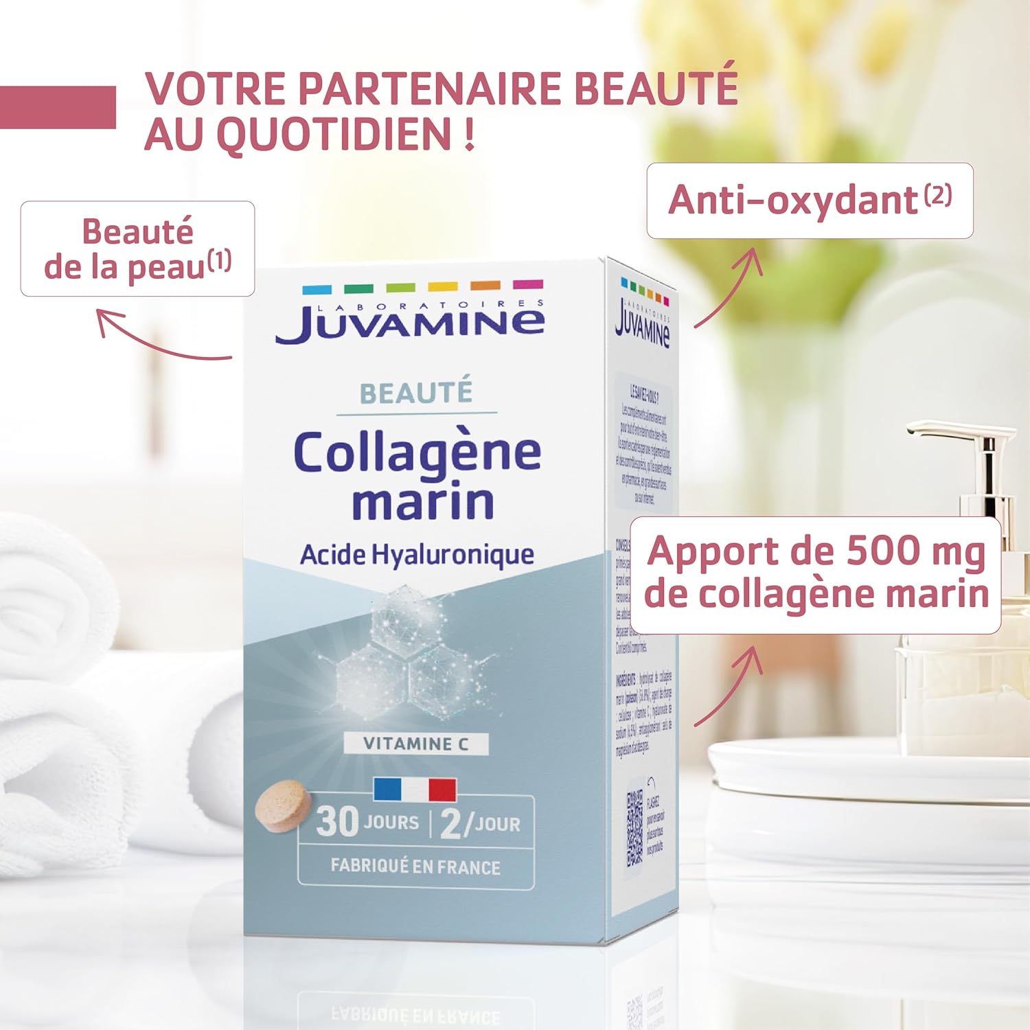 JUVAMINE Marine Collagen and Hyaluronic Acid, Vitamin C, Beauty, Skin and Joints, 30 Day Program, 60 Tablets, Made in France - Image 5