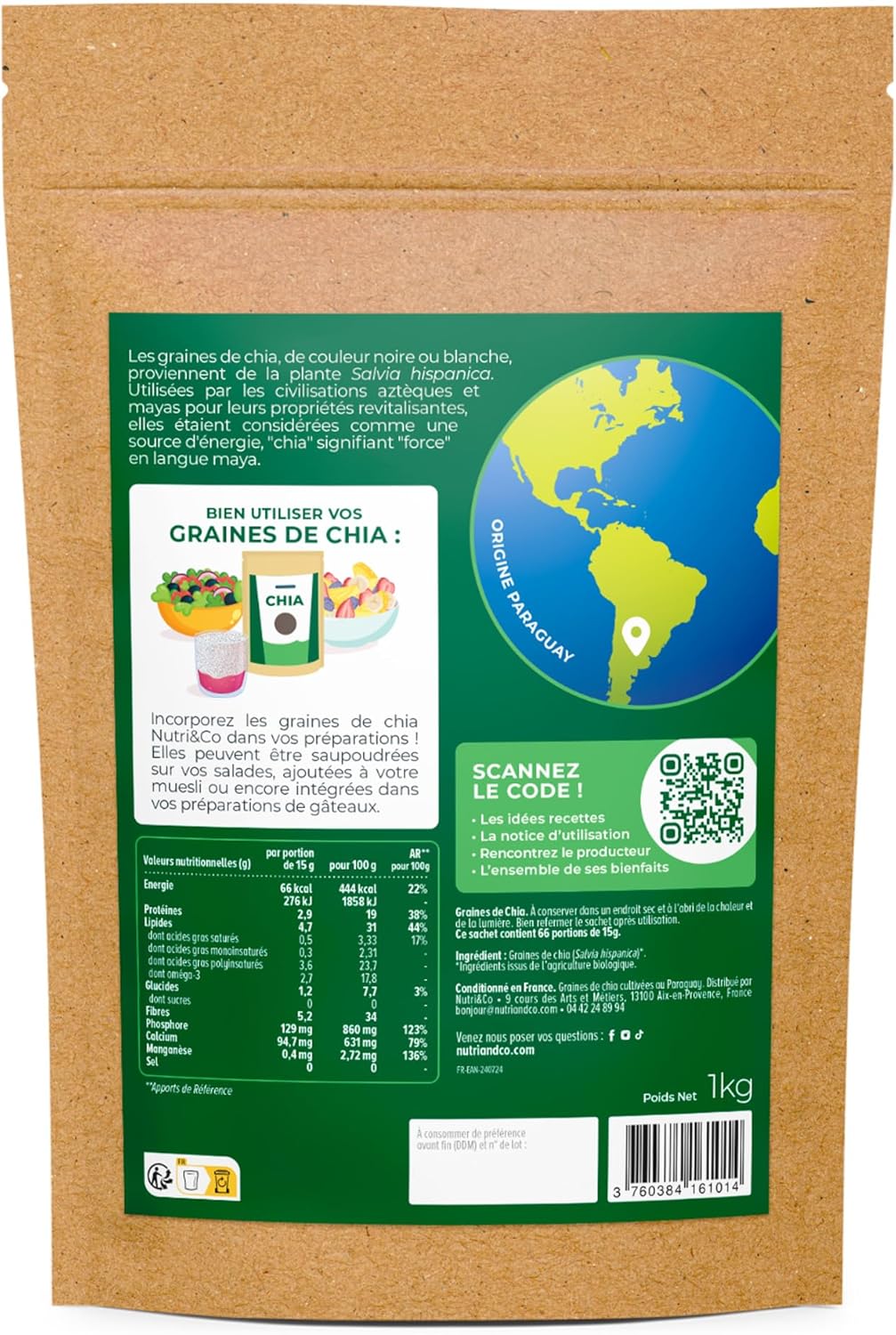 NUTRI & CO Organic Chia Seeds 1 kg - Rich in Omega 3, Source of Fibre and Plant Proteins - Salvia Hispanica from Sustainable and Fair Trade Agriculture - Organic and Vegan Super Food - Image 3