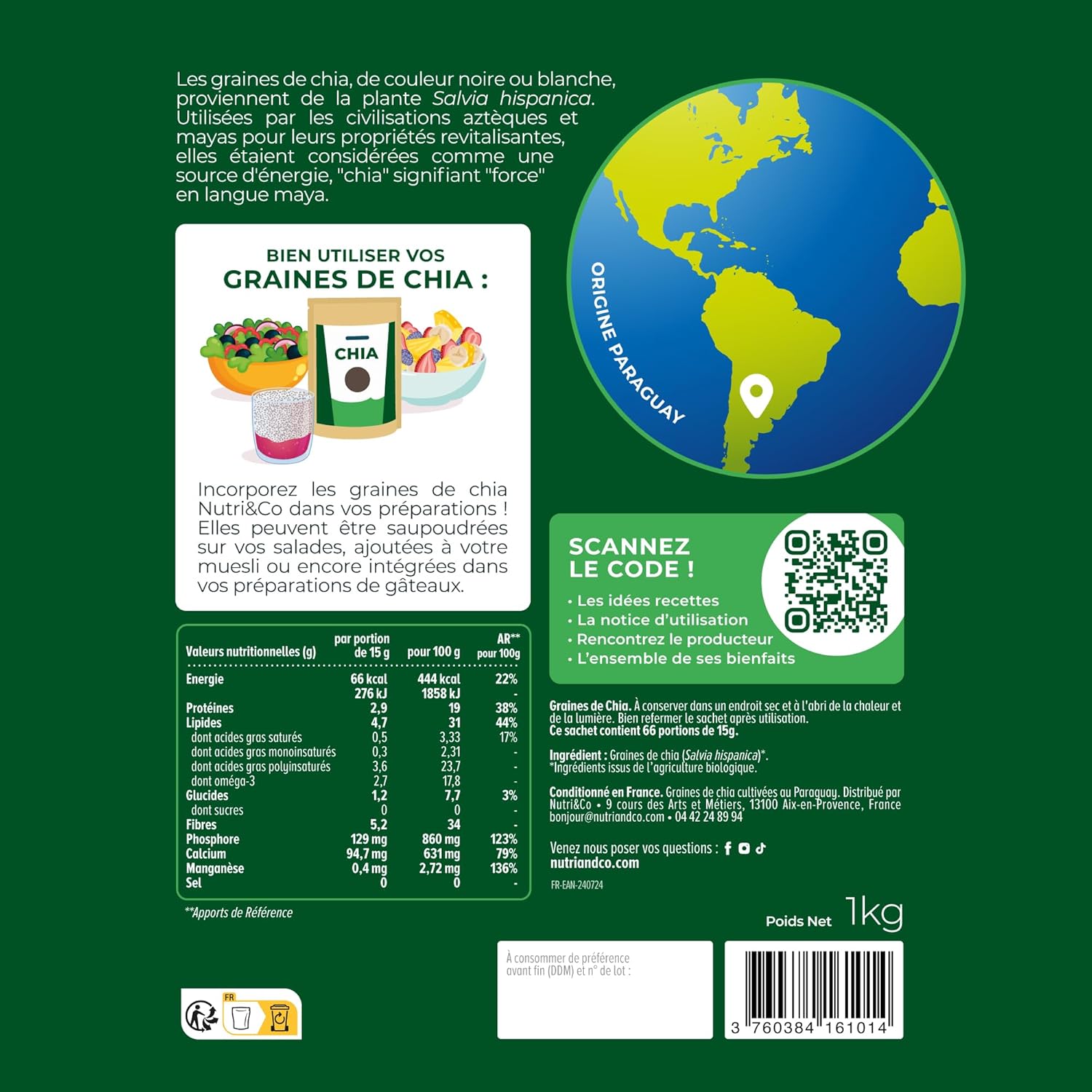 NUTRI & CO Organic Chia Seeds 1 kg - Rich in Omega 3, Source of Fibre and Plant Proteins - Salvia Hispanica from Sustainable and Fair Trade Agriculture - Organic and Vegan Super Food - Image 4