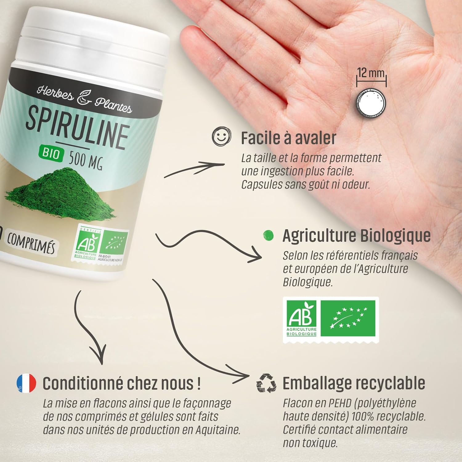 Spirulina Bio 100 Tablets 500 mg Herbes et Plantes - Image 7