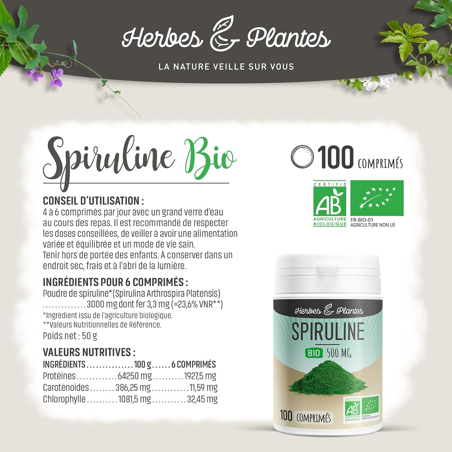 Spirulina Bio 100 Tablets 500 mg Herbes et Plantes - Image 9