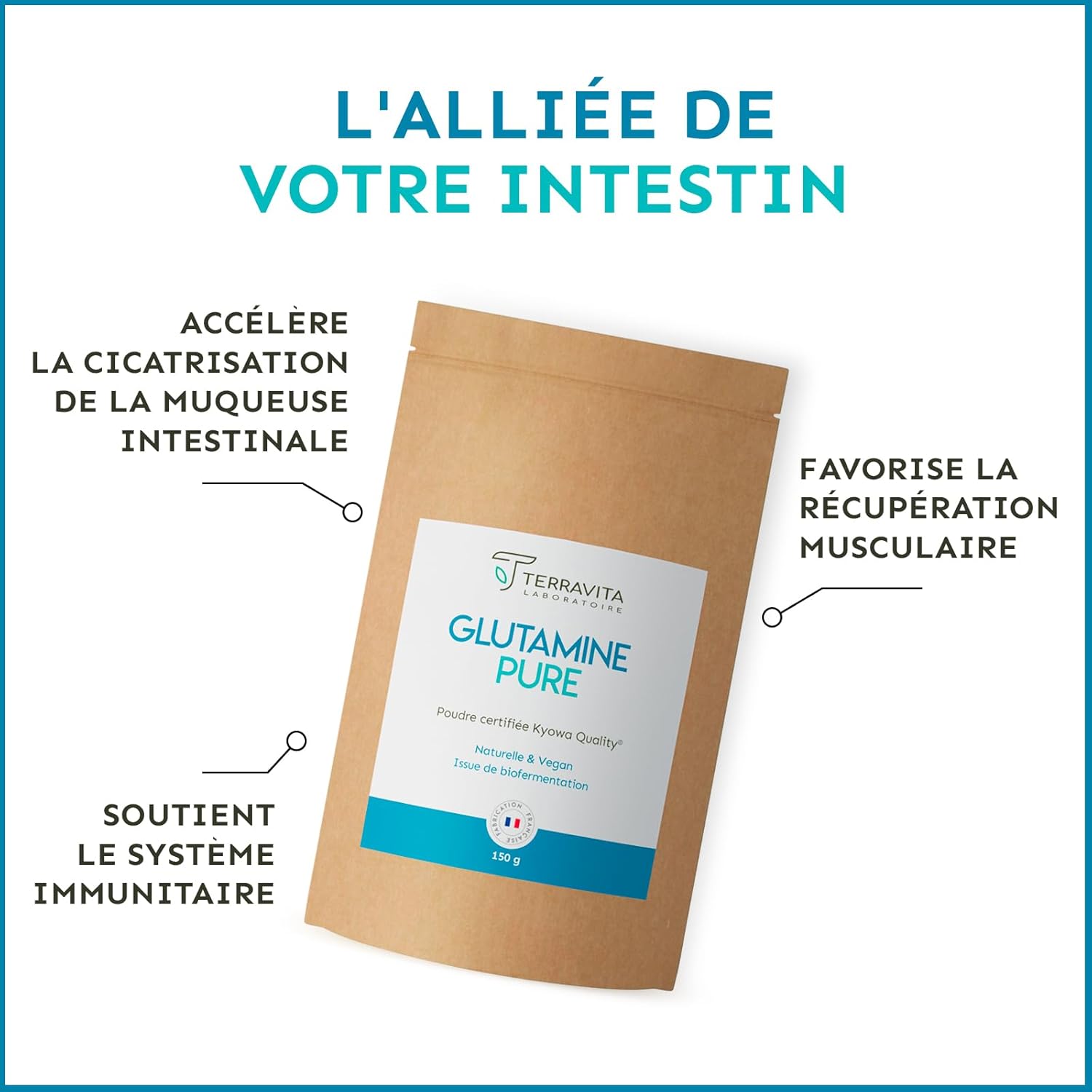 L-Glutamine Kyowa® 150g Powder | Intestinal Health (Flat Stomb) and Muscle Recovery | 30 Servings | Vegan Amino Acids, 100% Pure and Without Excipients | Made in France | Terravita - Image 3