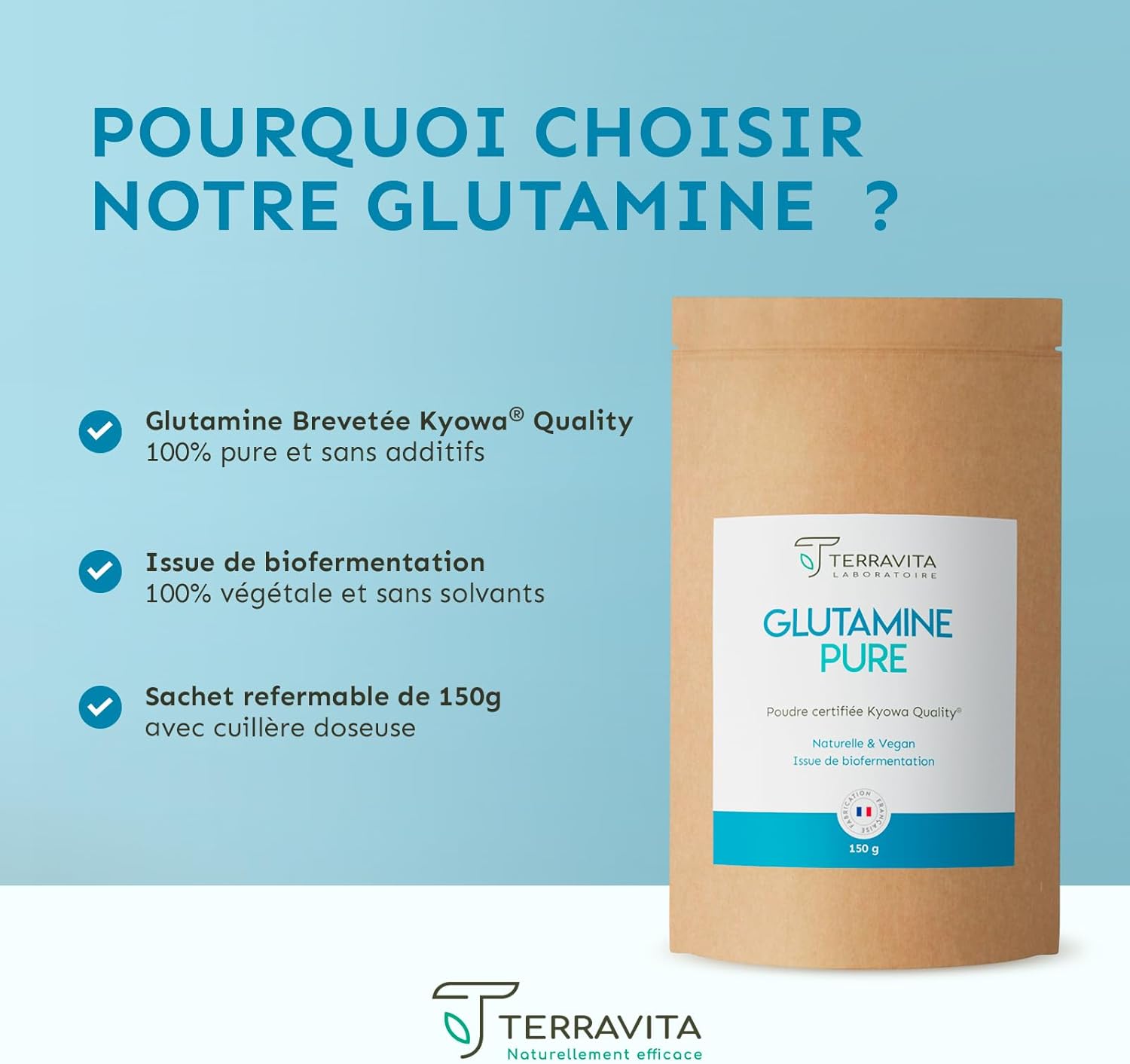 L-Glutamine Kyowa® 150g Powder | Intestinal Health (Flat Stomb) and Muscle Recovery | 30 Servings | Vegan Amino Acids, 100% Pure and Without Excipients | Made in France | Terravita - Image 4