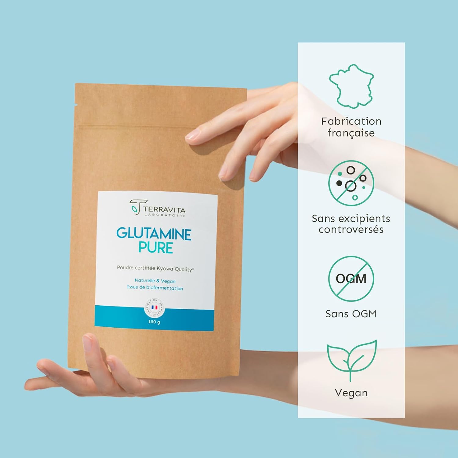 L-Glutamine Kyowa® 150g Powder | Intestinal Health (Flat Stomb) and Muscle Recovery | 30 Servings | Vegan Amino Acids, 100% Pure and Without Excipients | Made in France | Terravita - Image 5