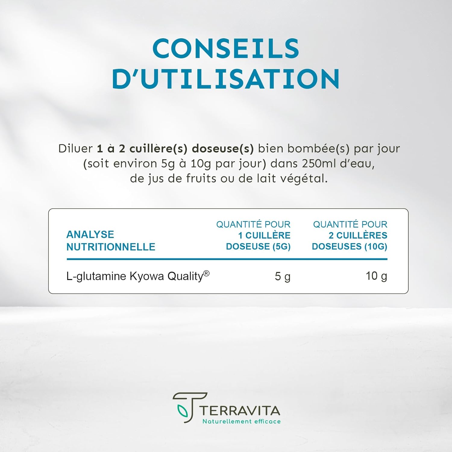 L-Glutamine Kyowa® 150g Powder | Intestinal Health (Flat Stomb) and Muscle Recovery | 30 Servings | Vegan Amino Acids, 100% Pure and Without Excipients | Made in France | Terravita - Image 6