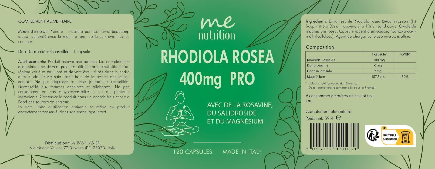 Rhodiola Rosea 400mg PRO Magnesium Reinforced – Emotional Balance, Physical and Mental Fatigue, Anti-Stress, Concentration | Up to 4 Months of Cure – 120 Capsules – Made in Italy – Me Myeasy - Image 10