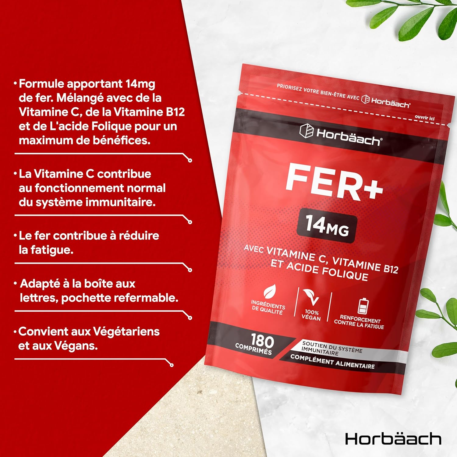 Iron Food Supplement with Folic Acid Vitamin B12 and Vitamin C | 14mg | 180 Vegan Capsules | Iron Supplement Tablets | Immune System Supplement | by Horbaach - Image 3