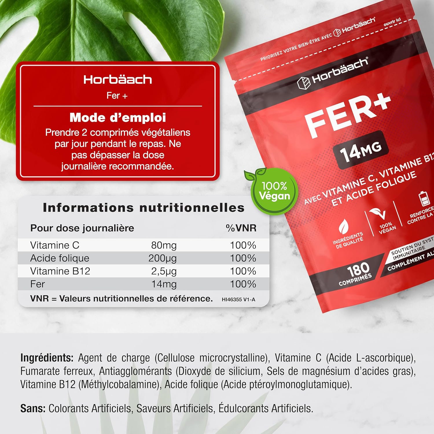 Iron Food Supplement with Folic Acid Vitamin B12 and Vitamin C | 14mg | 180 Vegan Capsules | Iron Supplement Tablets | Immune System Supplement | by Horbaach - Image 4