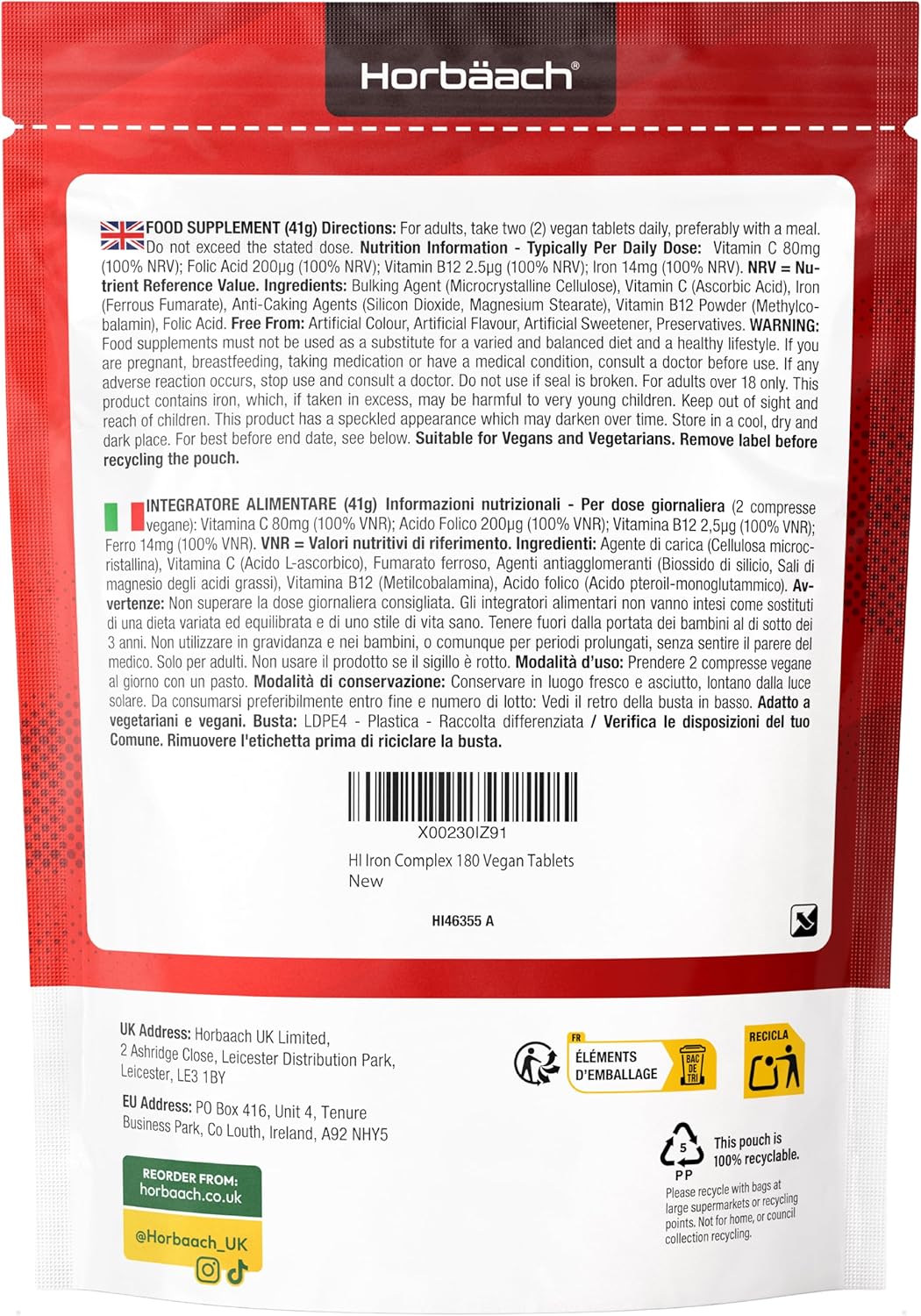 Iron Food Supplement with Folic Acid Vitamin B12 and Vitamin C | 14mg | 180 Vegan Capsules | Iron Supplement Tablets | Immune System Supplement | by Horbaach - Image 7