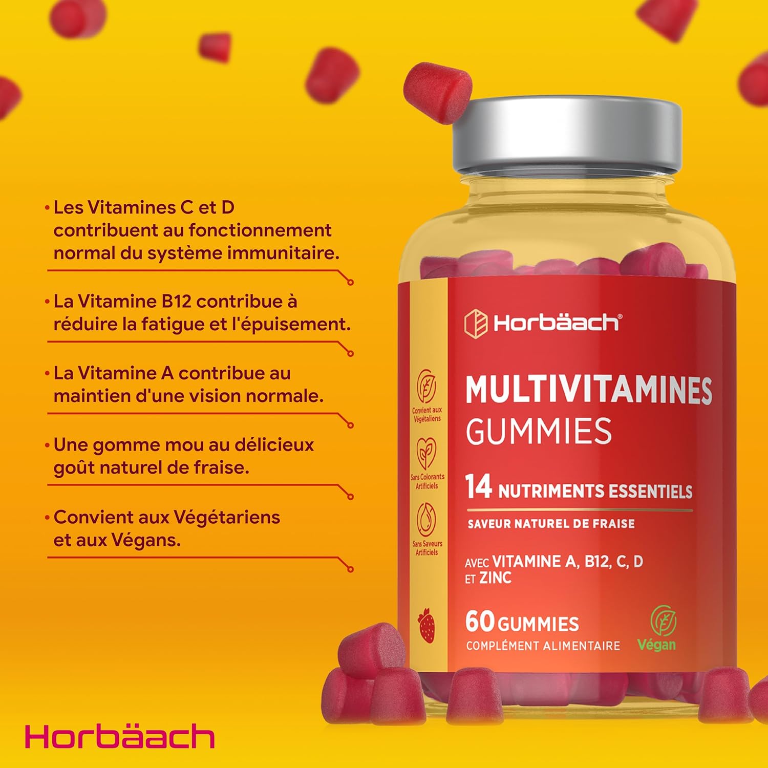 Gummies Adult Multivitamins | 14 Essential Mineral Vitamins - Vitamin A, Vitamin B12, Vitamin C, Vitamin D and Zinc | 60 Vegan Gummies | Multivitamins and Minerals | Horbaach - Image 3
