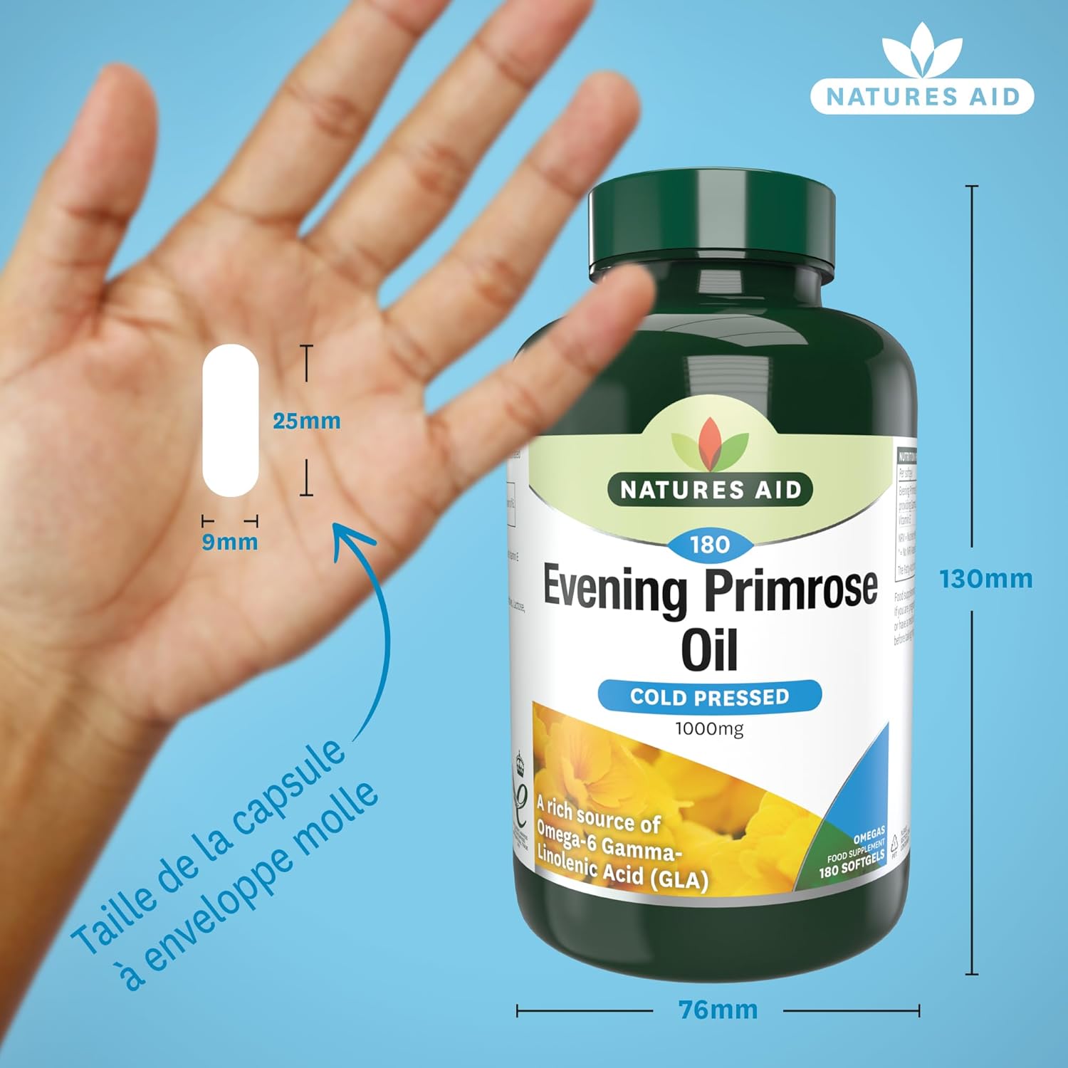 Natures Aid Evening Primrose Oil 1000Mg Soft Capsules - Natural Source of High Power Omega 6 Essential Fatty Acids Cold Pressed: Gamma Linolenic Acid (AGL) - 180 Days in Capsules - Image 4