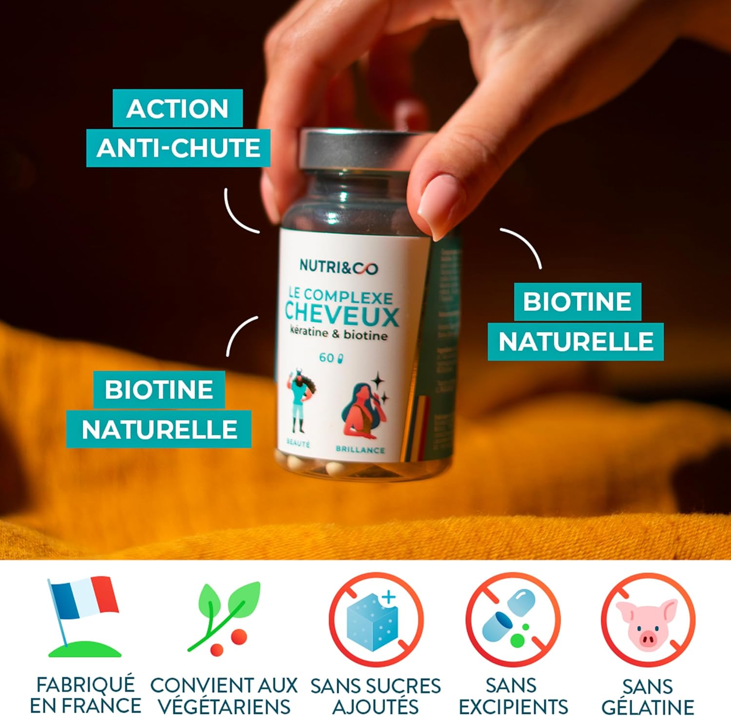 Nutri&Co Biotin + Patented Pure Keratin - Food Supplement for Hair Growth - Fast Growth - Anti Loss - Vitamin B8 - Skin and Nails - 60 Vegan Capsules Made in France - Image 7