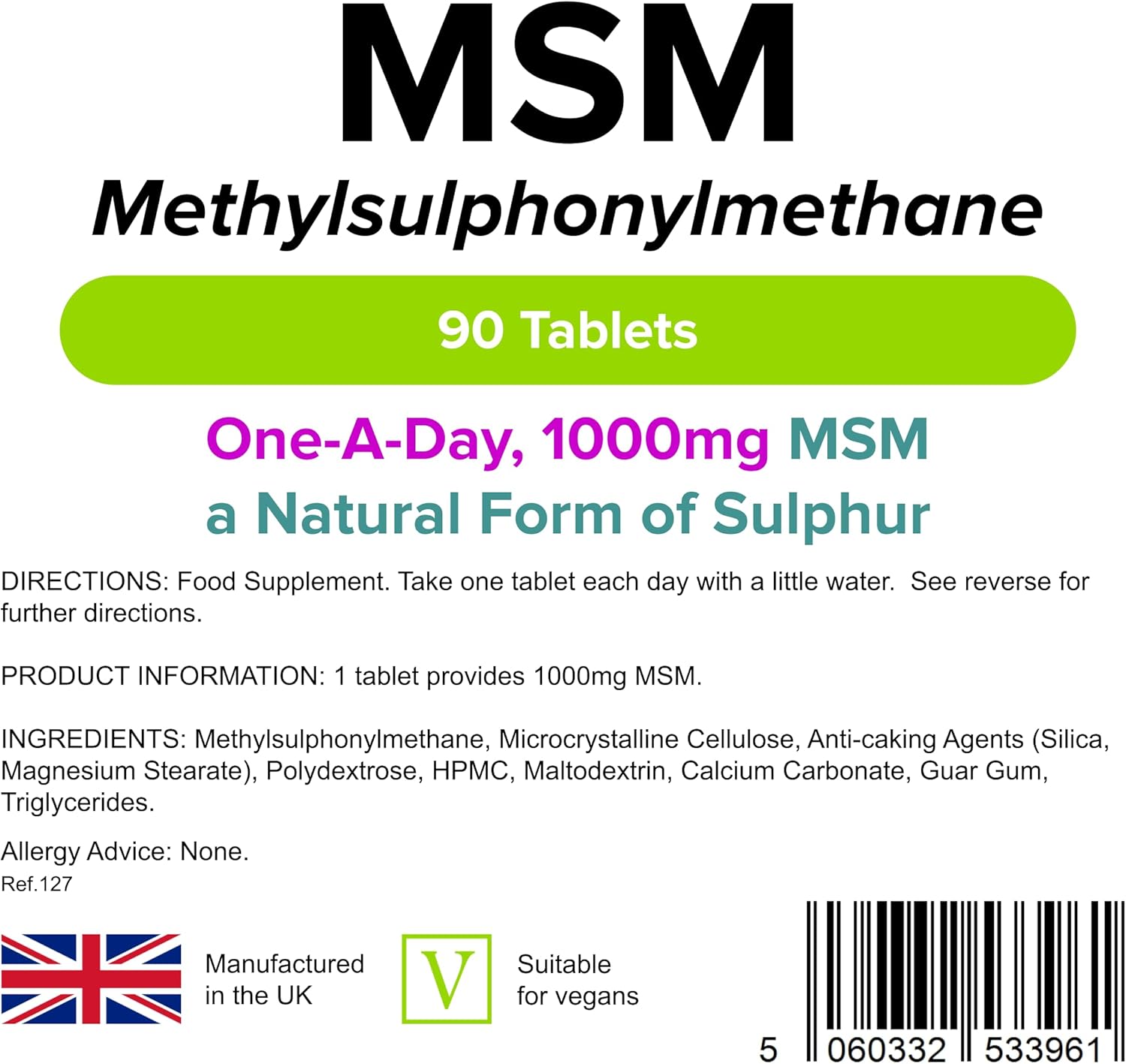 lindens MSM 1000MG Tablets (Methylsulfonylmethane) 90 Pack GB manufacturer Suitable for vegans and vegetarians - Image 3