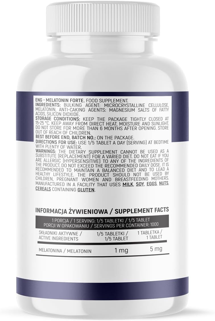 Melatonin Forte - 5mg per tablet - 1000 Servings (200 Vegan tablets) - Heavily Dosed Sleeping Pill - Pure Composition - Image 3