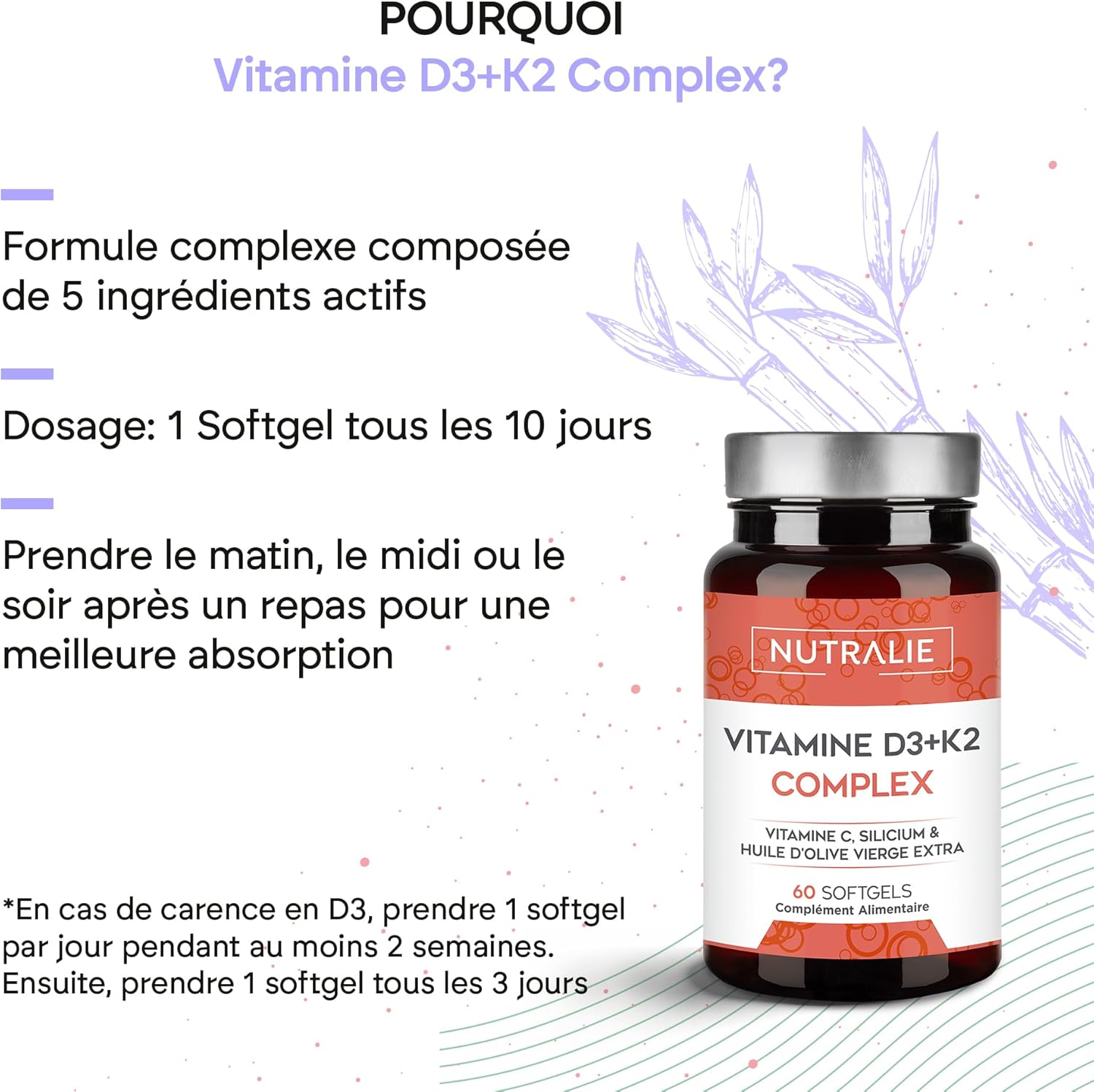 Vitamin D3 and K2 10000 IU - Muscle Bone Immunity - Vitamin D3 K2 MK7 with Vitamin C and Extra Virgin Olive Oil - 60 Capsules Vitamin D Complex Nutralie - Image 4