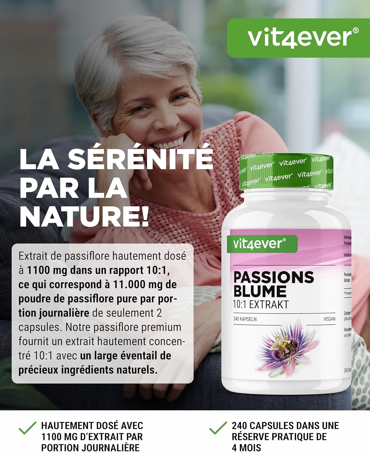 Passionflower Extract - 240 Capsules - Premium: 1100mg of 10:1 Extract (equivalent to 11000mg Passionflower) per daily serving - Extra High Dosed - No Additives Additive - Vegan - Image 3