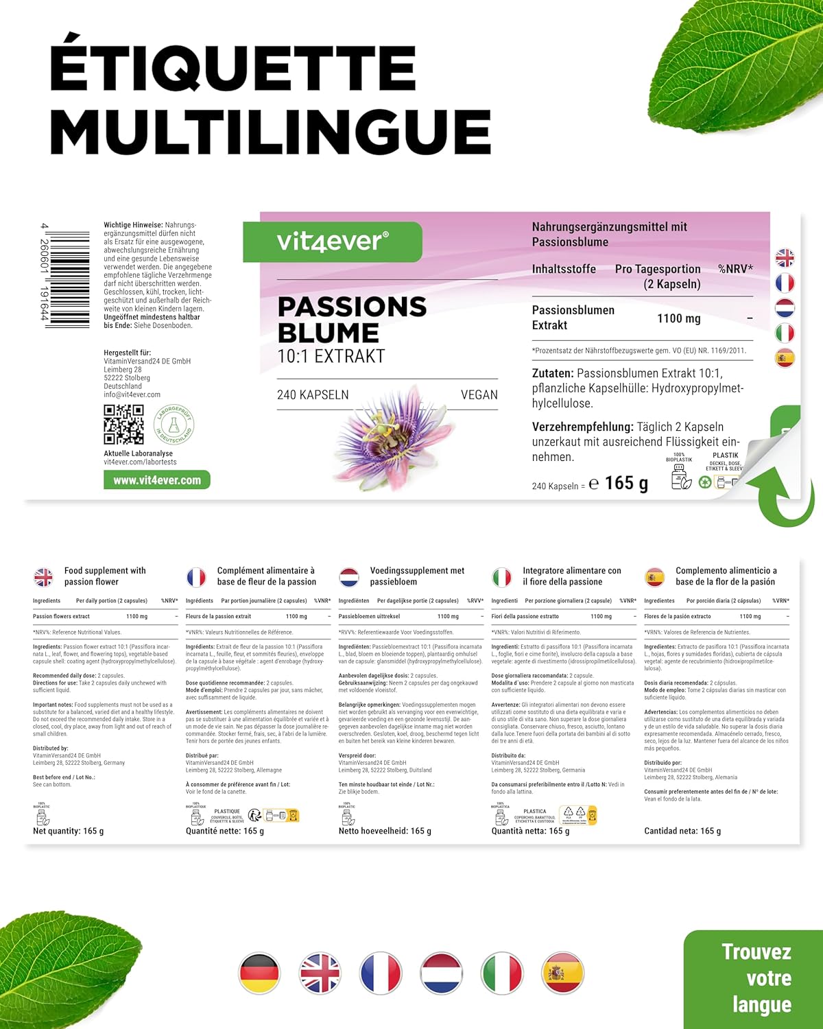 Passionflower Extract - 240 Capsules - Premium: 1100mg of 10:1 Extract (equivalent to 11000mg Passionflower) per daily serving - Extra High Dosed - No Additives Additive - Vegan - Image 7