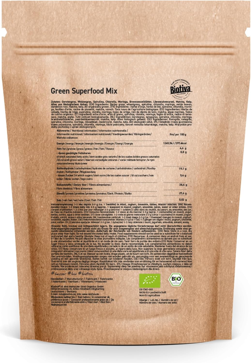 Green Superfood Mix Organic Powder 400g - Barley Grass, Wheat Grass, Spirulina, Chlorella, Moringa, Dandelion Root, Nettle, Kelp & Matcha - Mix of 9 Superfoods - Biotiva - Image 6